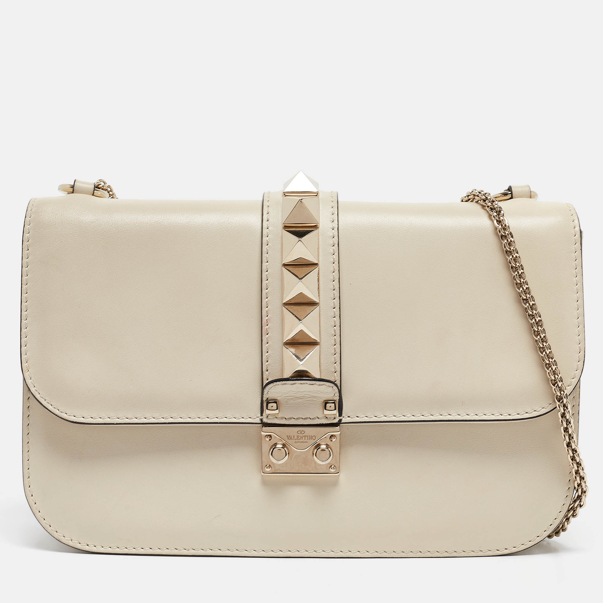 Pre-owned Valentino Garavani Off White Leather Medium Rockstud Glam Lock Flap Shoulder Bag