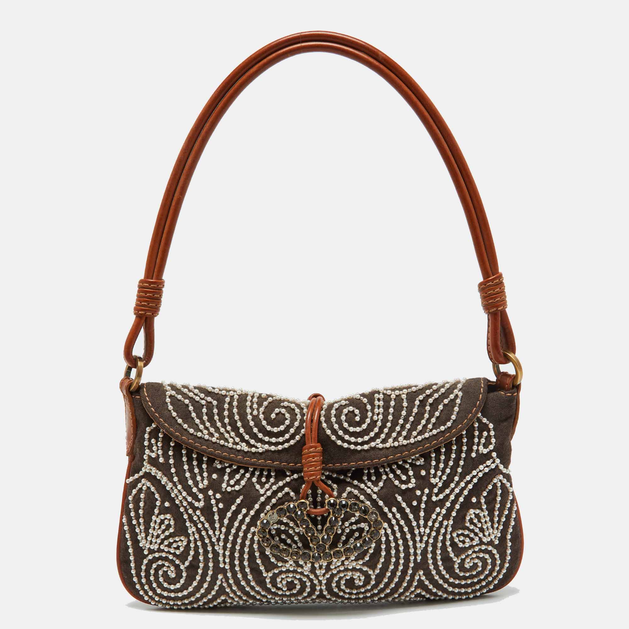 

Valentino Grey Fabric Pearl Embroidered and Leather Shoulder Bag