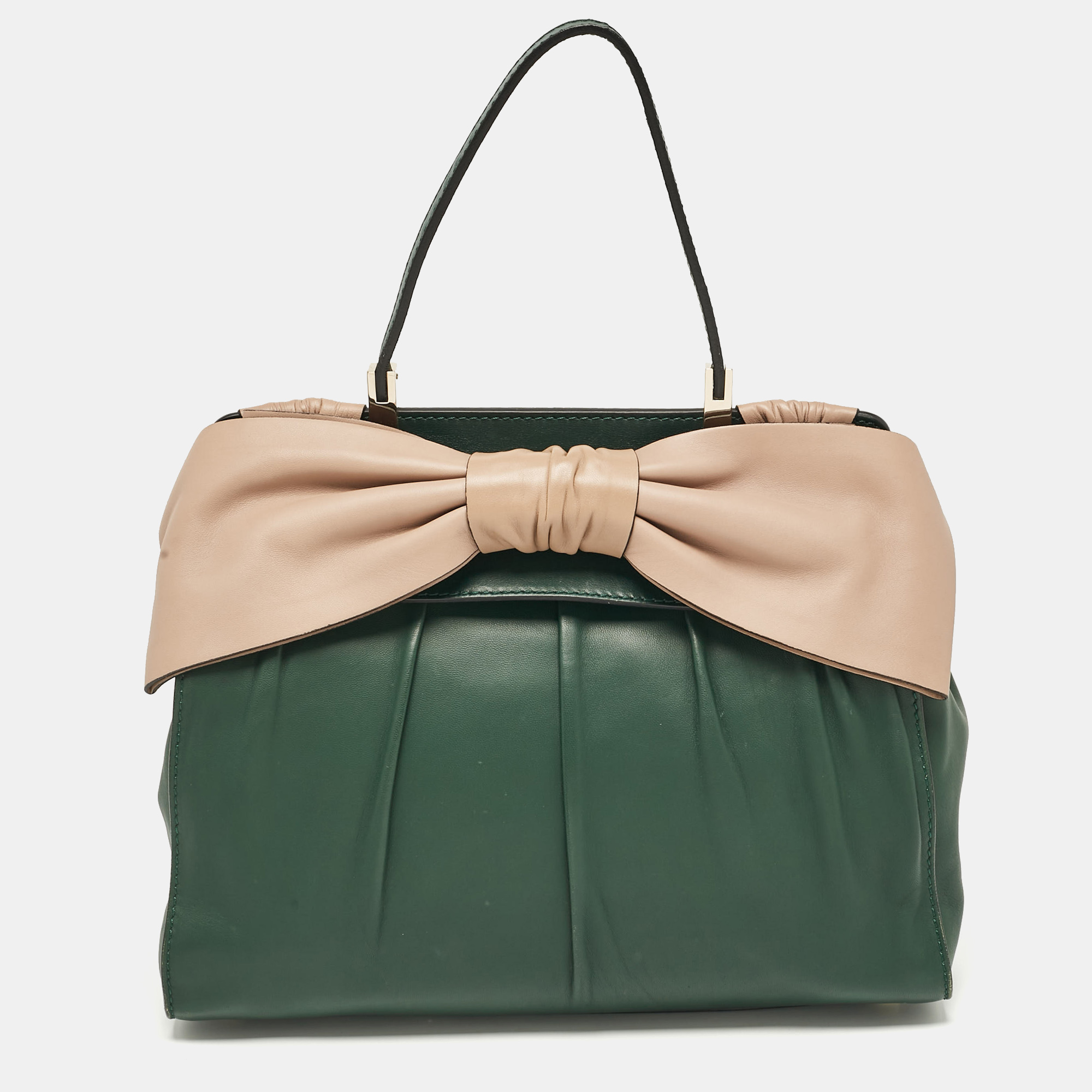 

Valentino Green/Beige Leather Aphrodite Bow Top Handle Bag