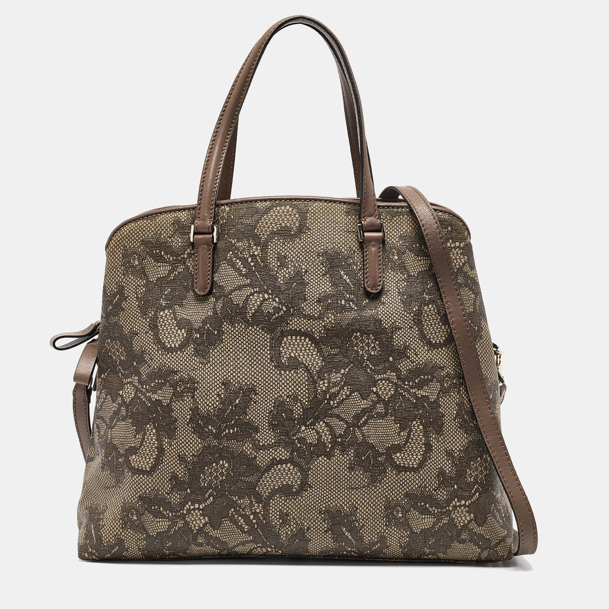 

Valentino Beige Lace Print Leather Zip Satchel