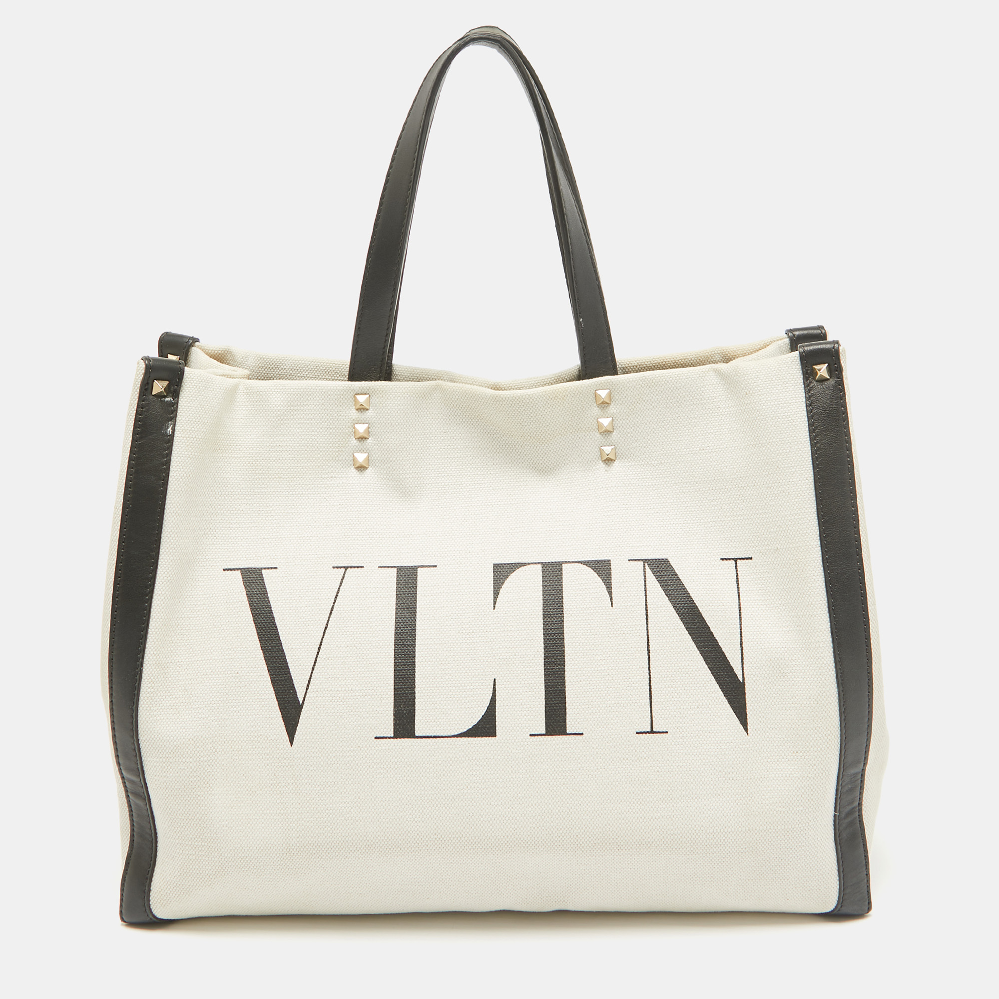 

Valentino White/Black Canvas and Leather VLTN Logo Tote