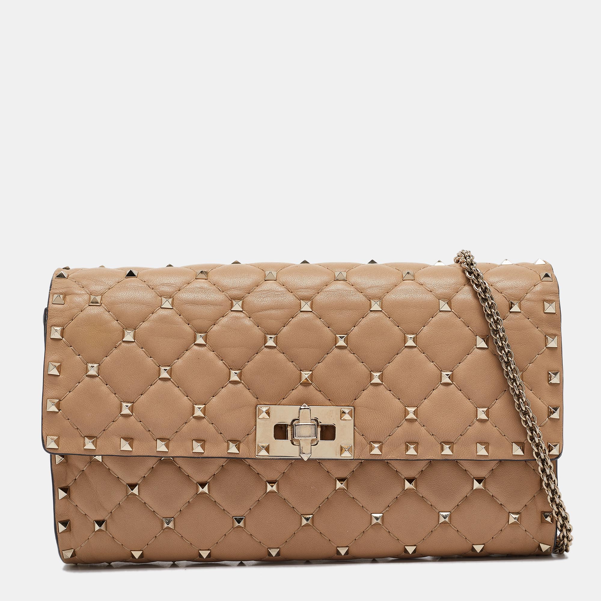 

Valentino Beige Quilted Leather Rockstud Spike Flap Chain Clutch