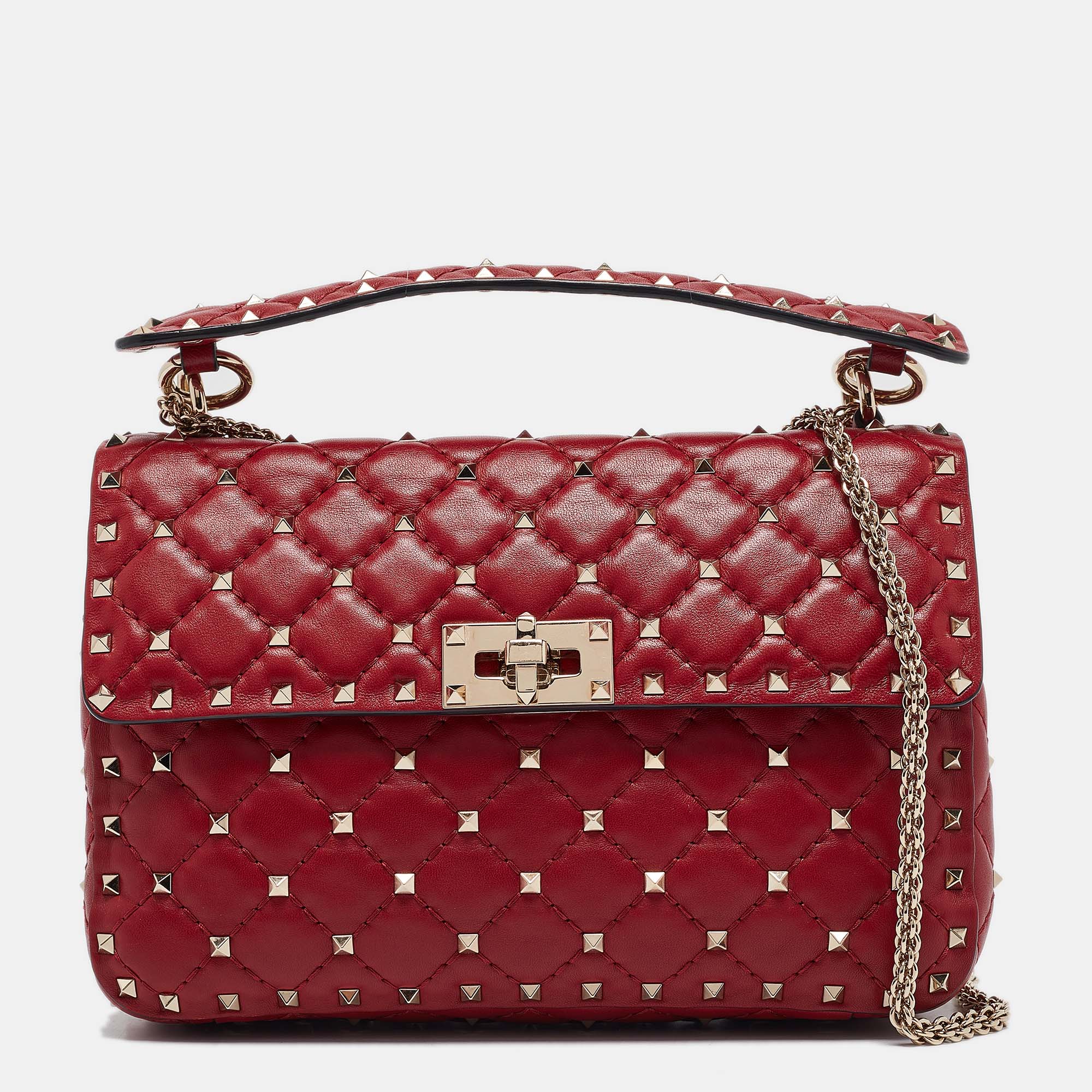 

Valentino Red Quilted Leather Medium Rockstud Spike Top Handle Bag