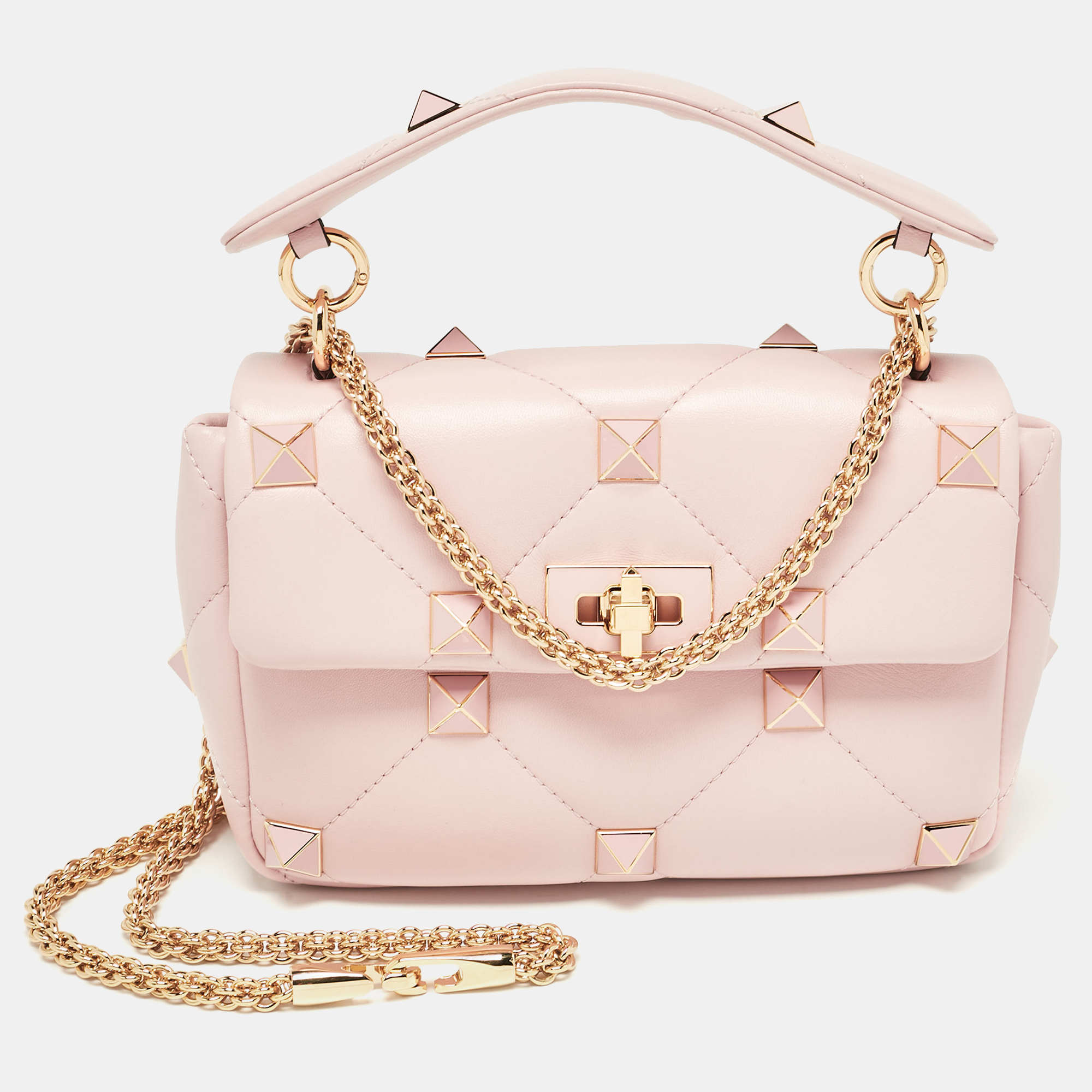 

Valentino Pink Leather  Roman Stud Top Handle Bag