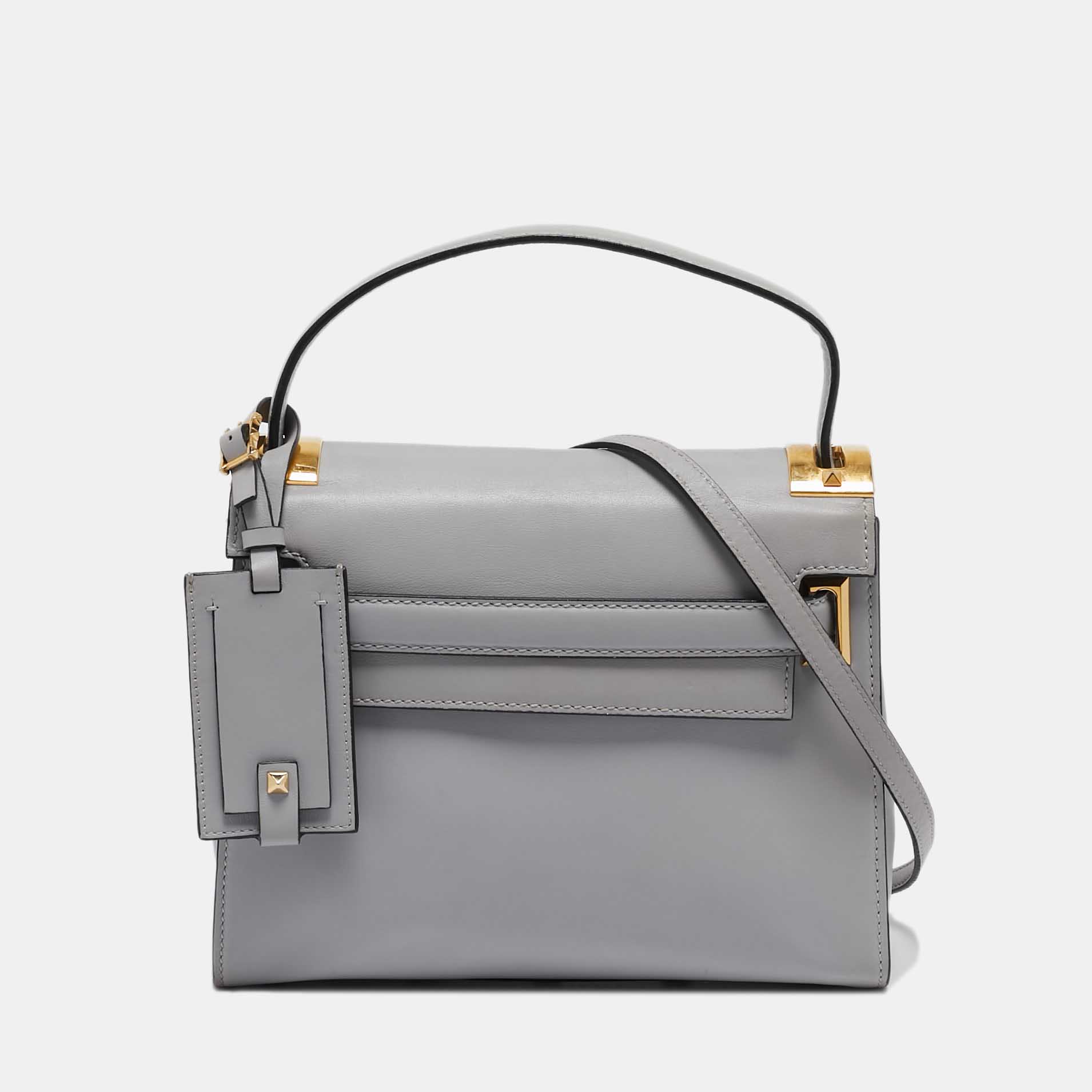 

Valentino Ash Grey Leather My Rockstud Top Handle Bag