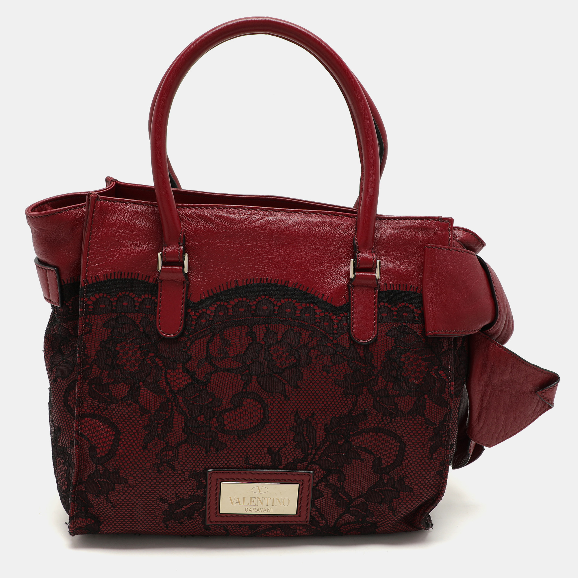 

Valentino Dark Red/Black Leather and Lace Bow Tote