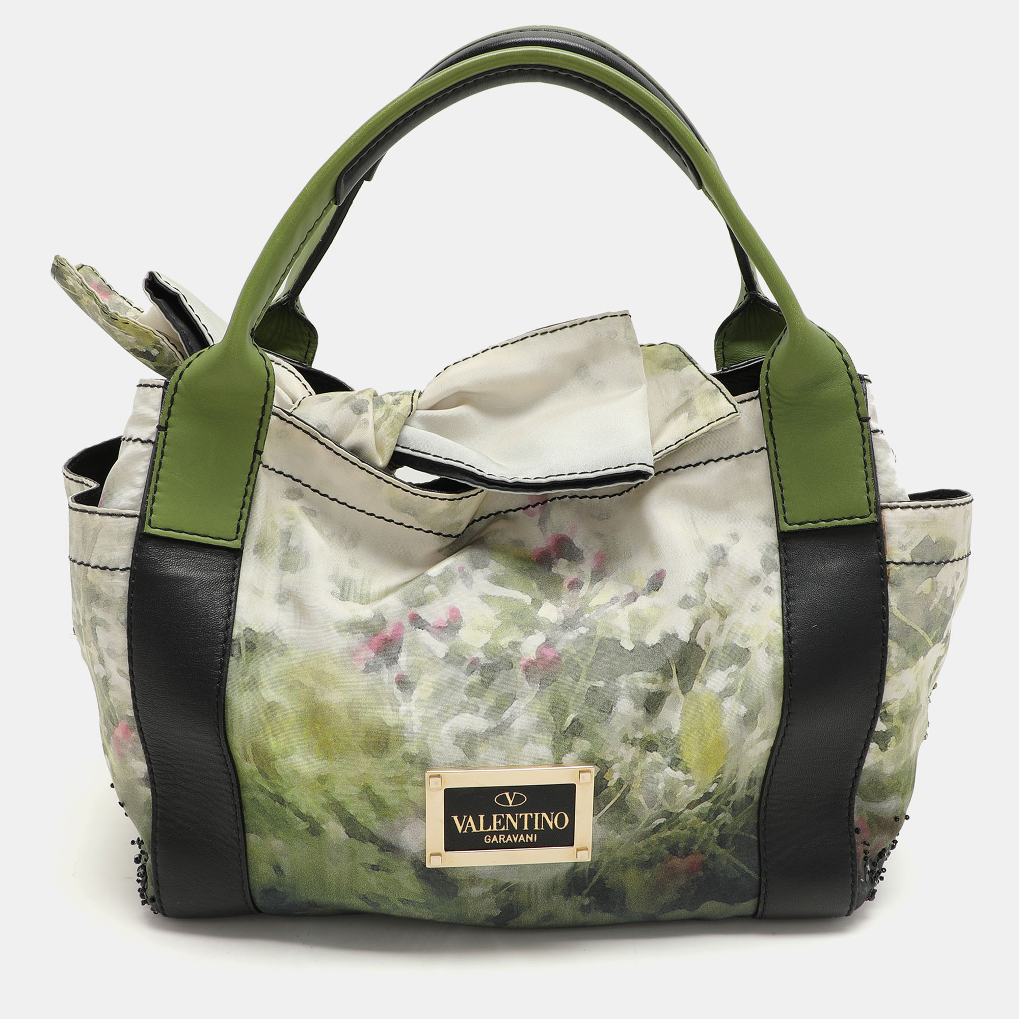 

Valentino Multicolor Printed Nylon And Leather Double Pocket Bow Tote, Green