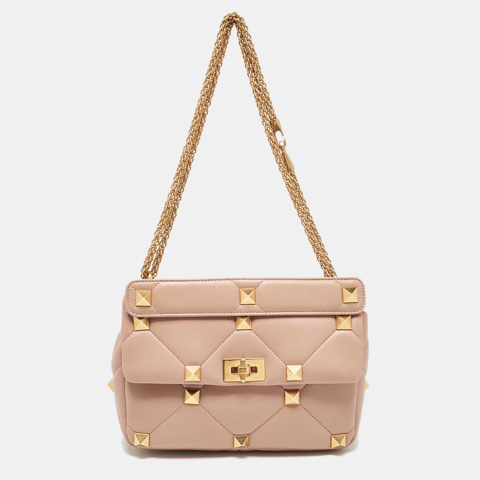 

Valentino Beige Quilted Leather  Roman Stud Top Handle Bag