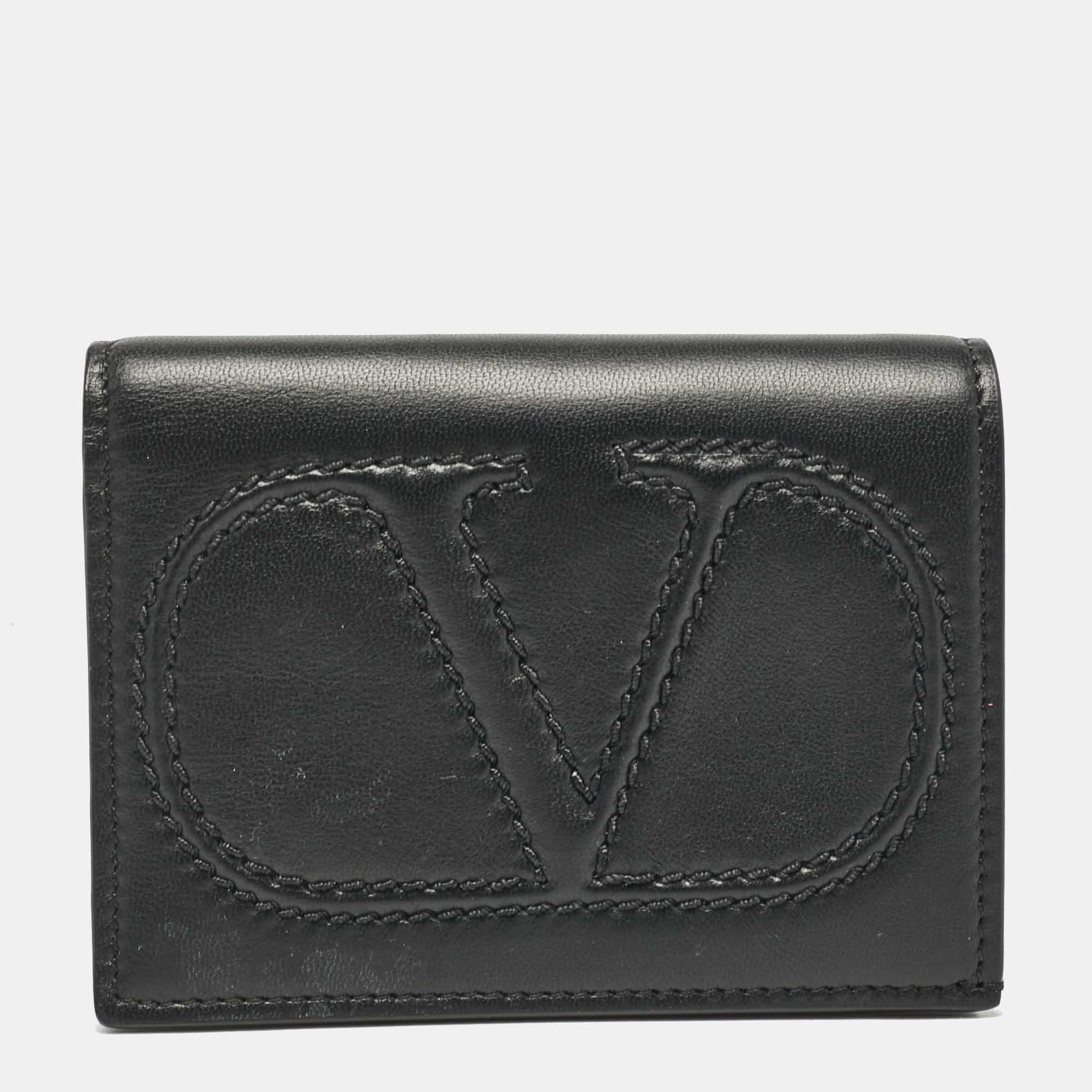 

Valentino Black Leather Logo Flap Card Case