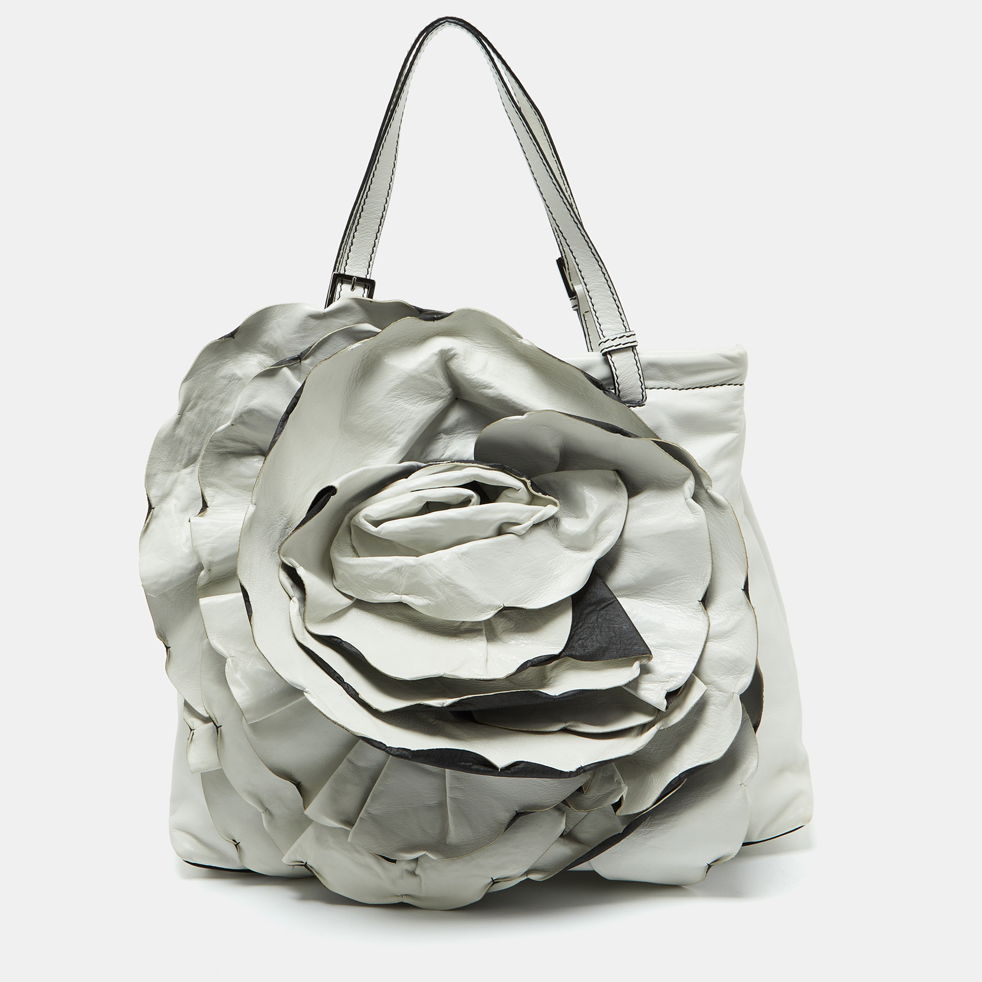 

Valentino White Leather 3D Rose Petal Shopper Tote