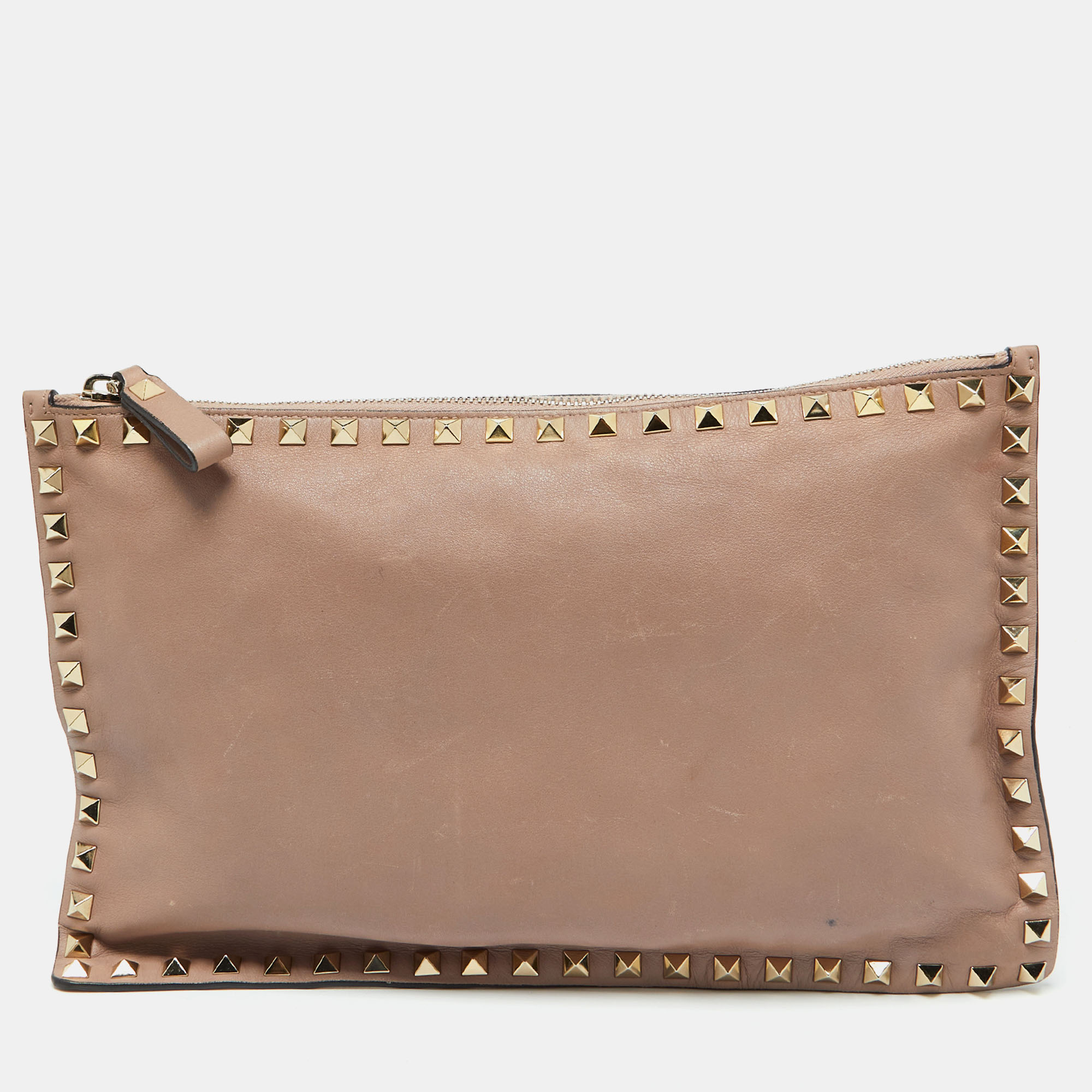 

Valentino Beige Leather Rockstud Zip Pouch Clutch