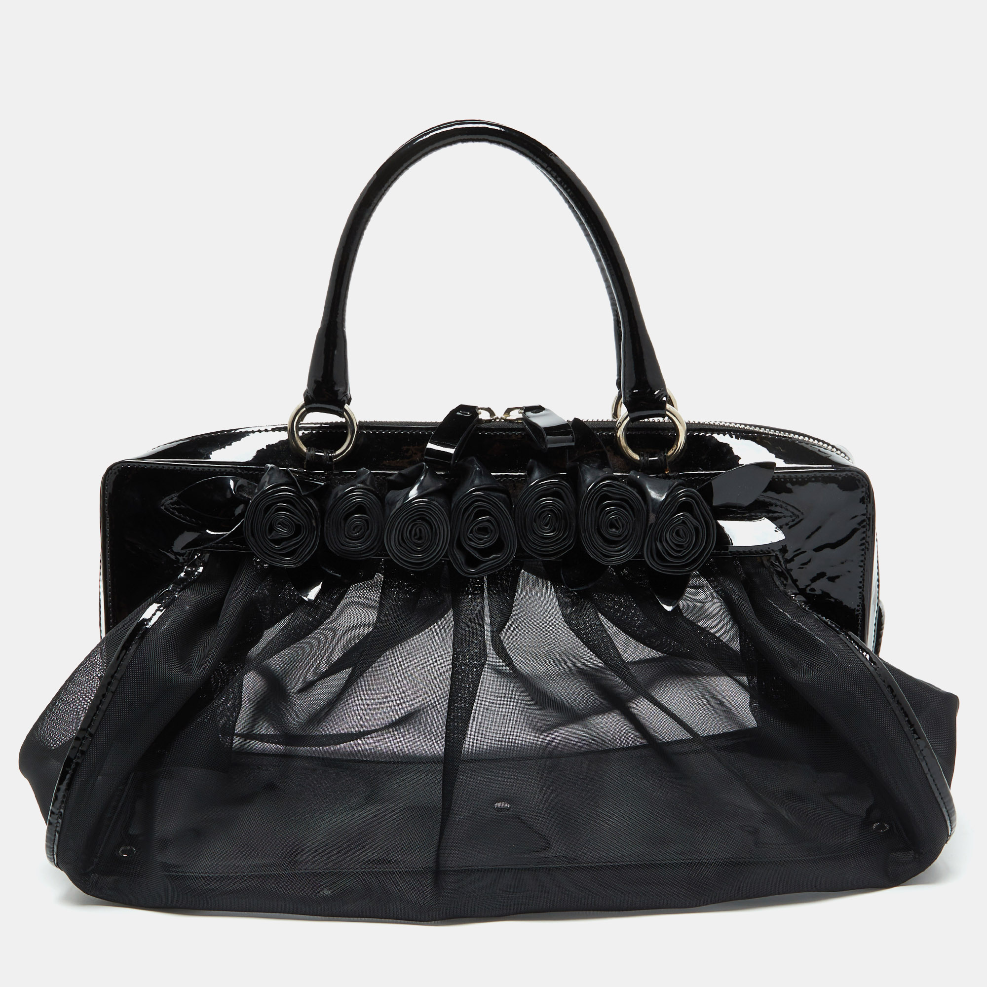 

Valentino Black Mesh and Patent Leather Petale Rose Dome Satchel