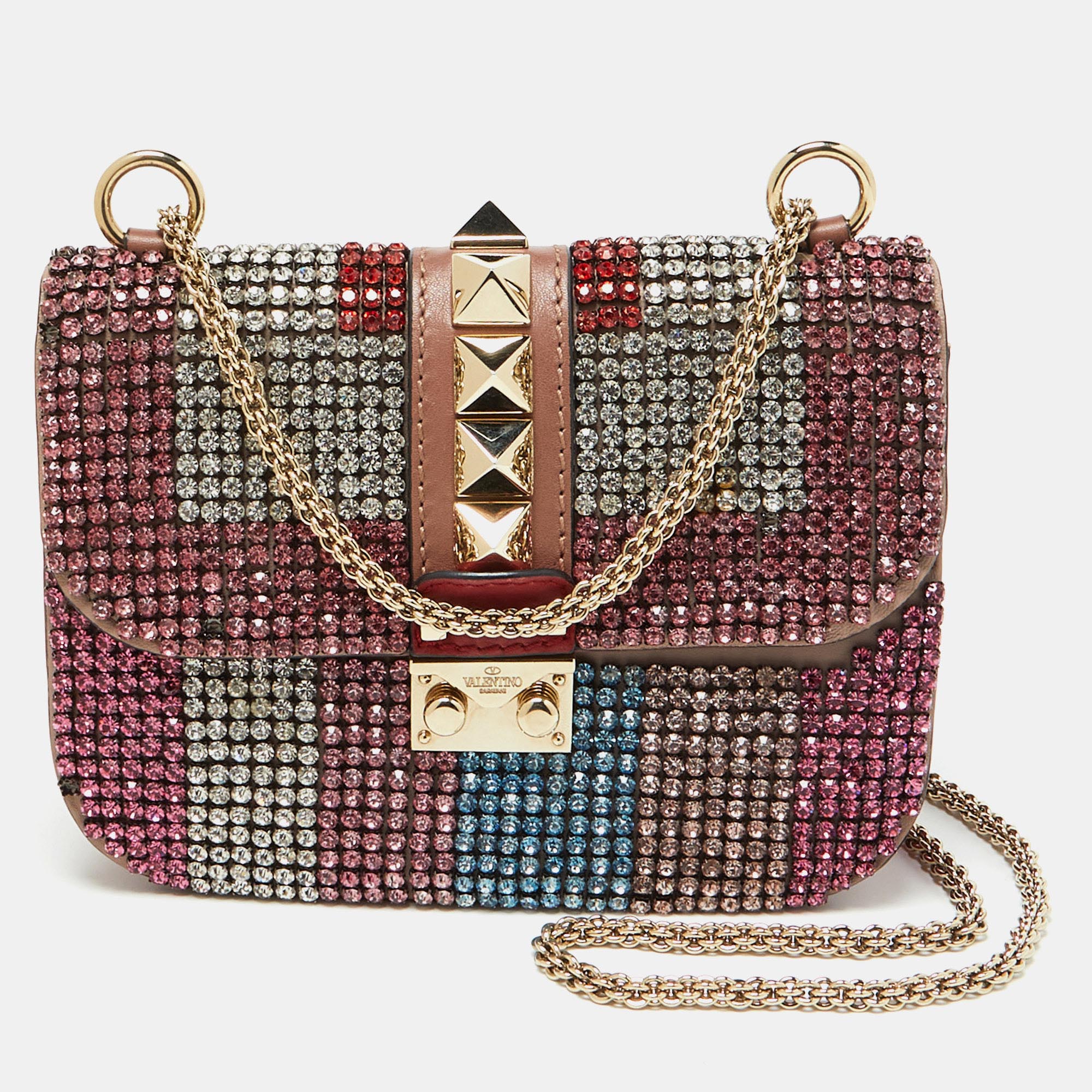 

Valentino Multicolor Leather Crystal Embellished Small Glam Lock Shoulder Bag