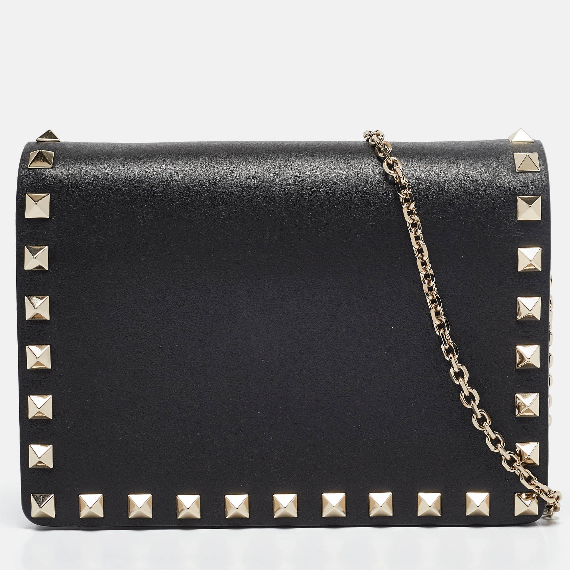 

Valentino Black Leather Rockstud Flap Chain Clutch