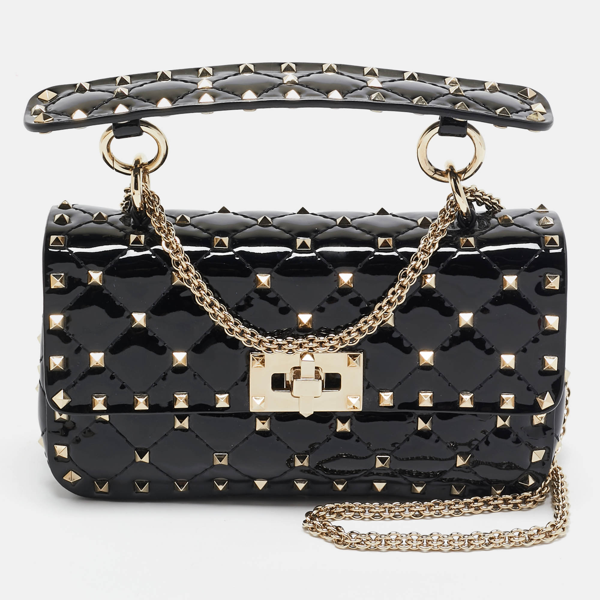 

Valentino Black Patent Leather Small Rockstud Spike Top Handle Bag