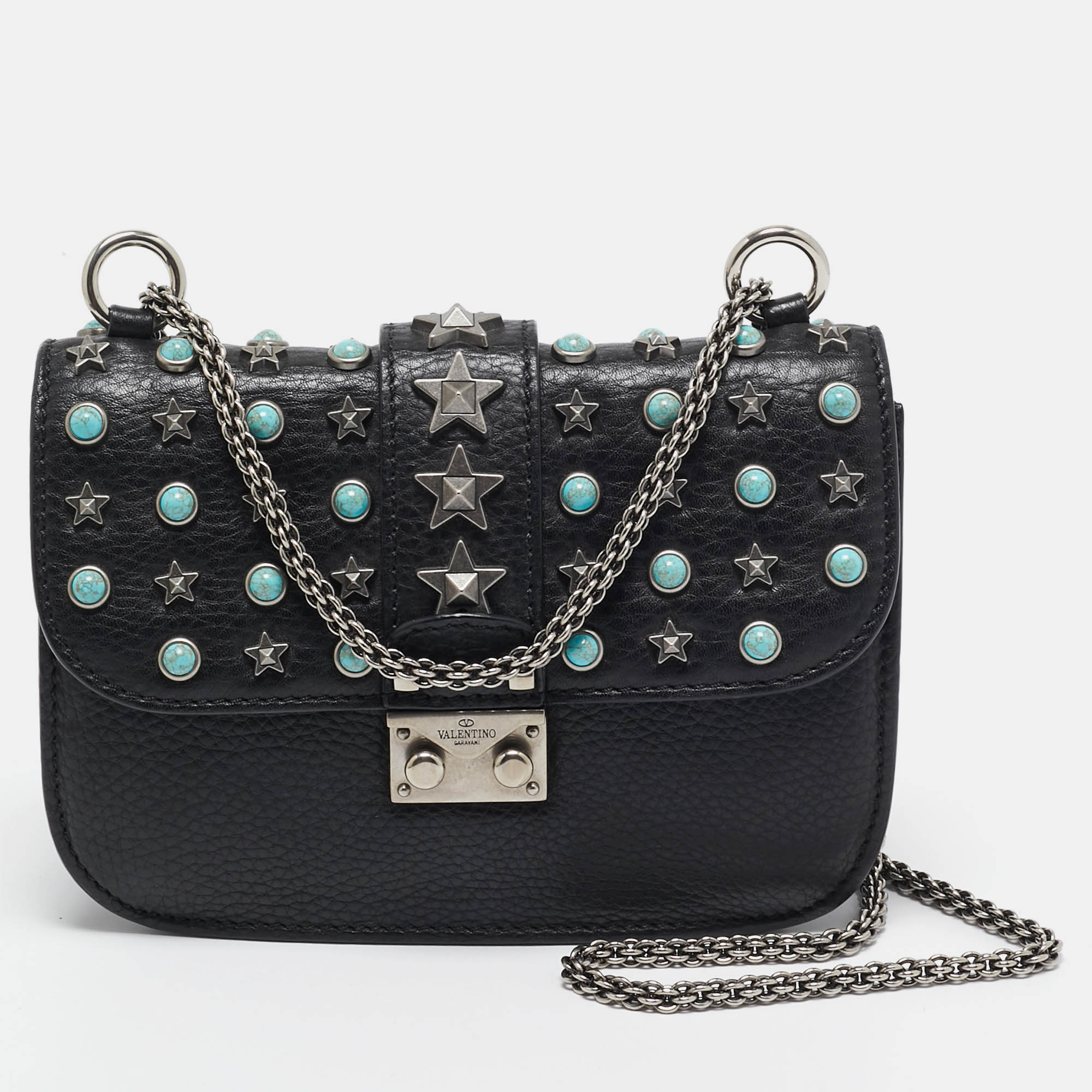 

Valentino Black Leather Star Studded Glam Lock Shoulder Bag