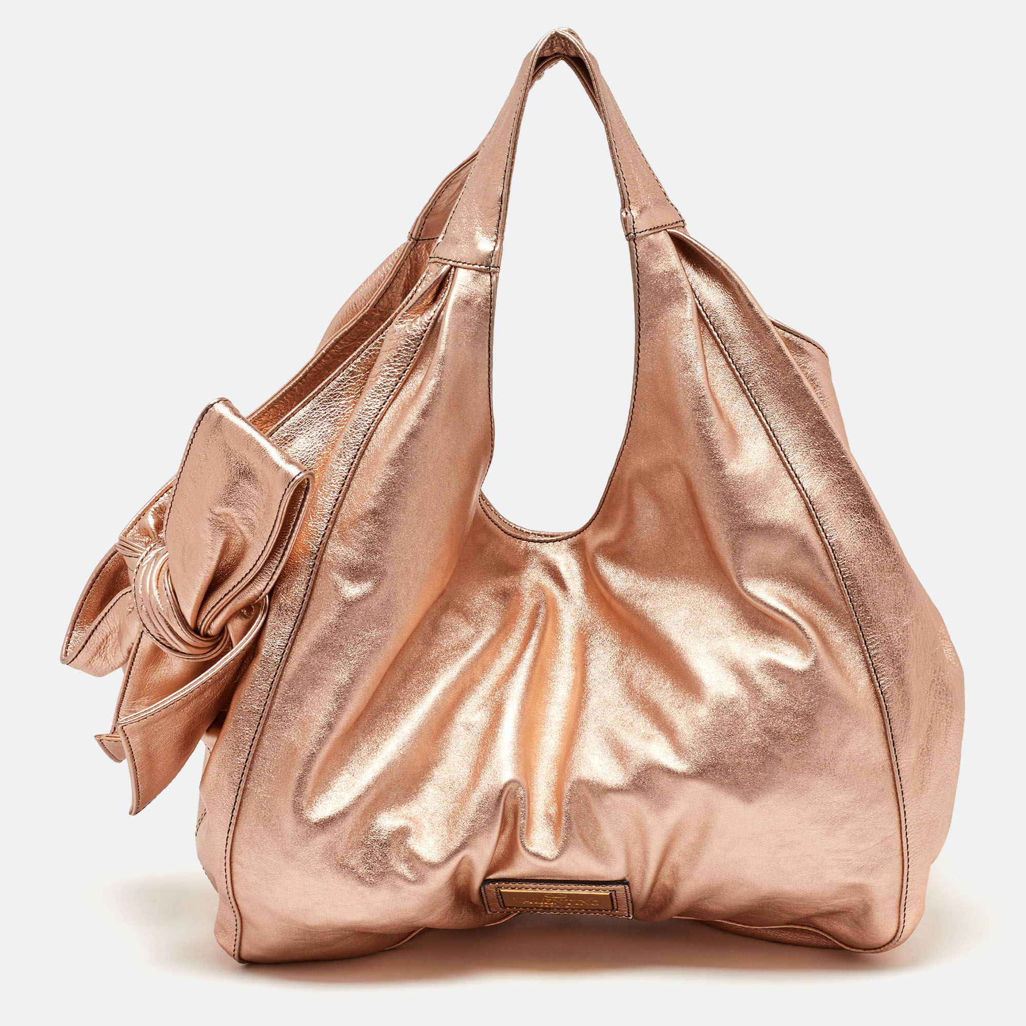 

Valentino Metallic Rose Gold Leather Nuage Bow Hobo