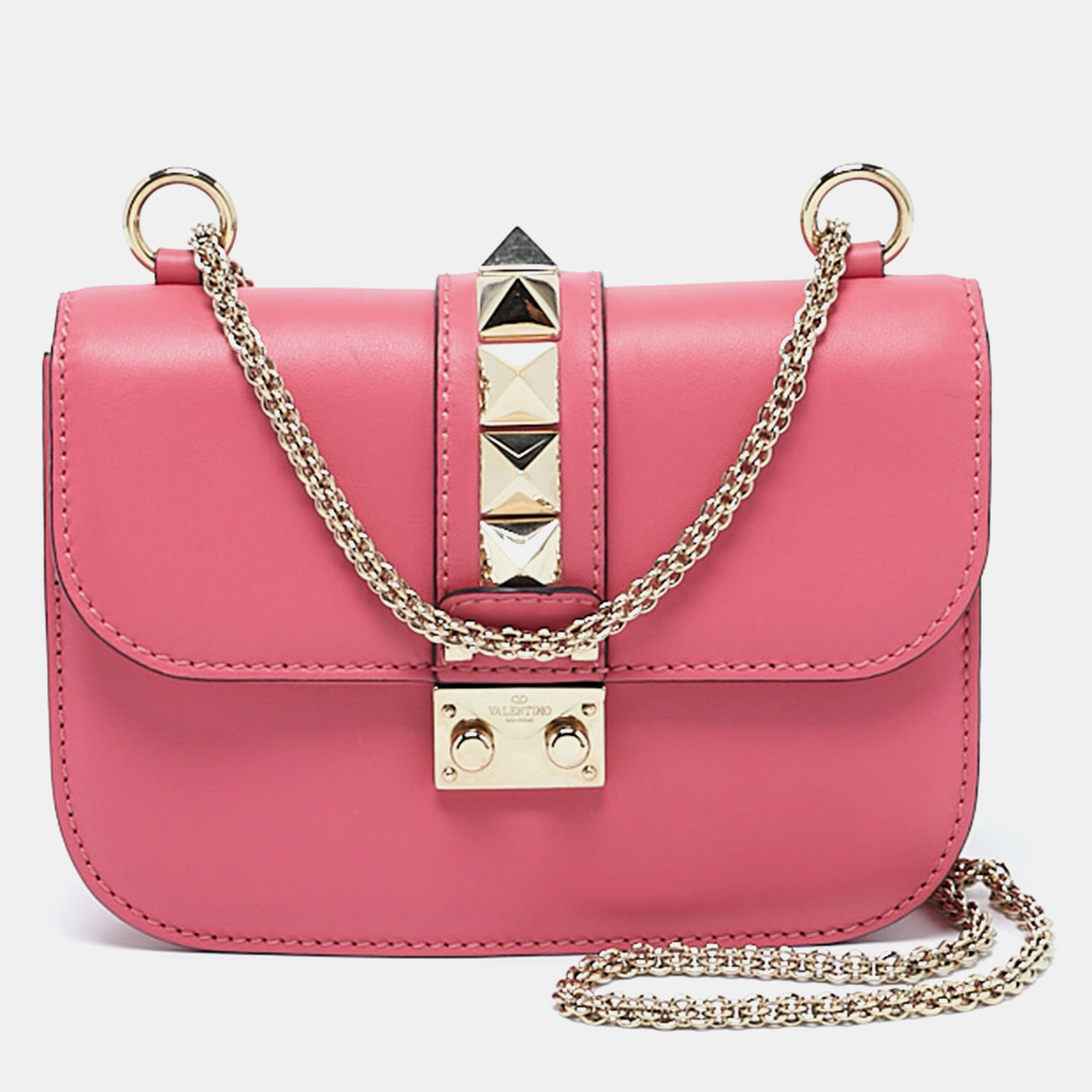 

Valentino Pink Leather  Rockstud Glam Lock Flap Bag