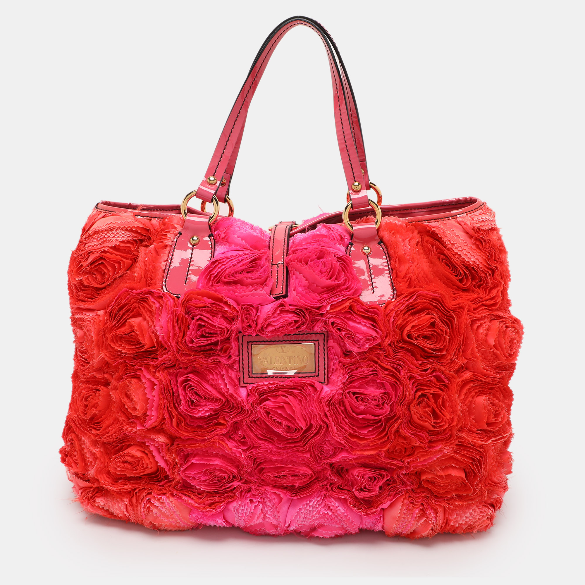 

Valentino Multicolor Patent Leather and Satin Rose Applique Tote