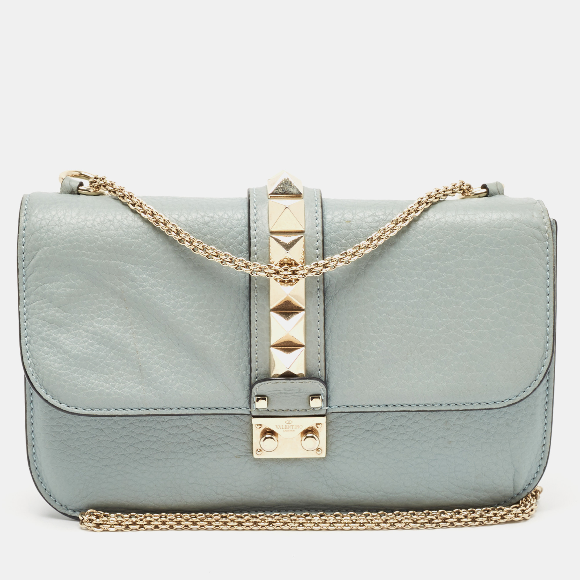 

Valentino Light Blue Leather  Glam Lock Chain Shoulder Bag