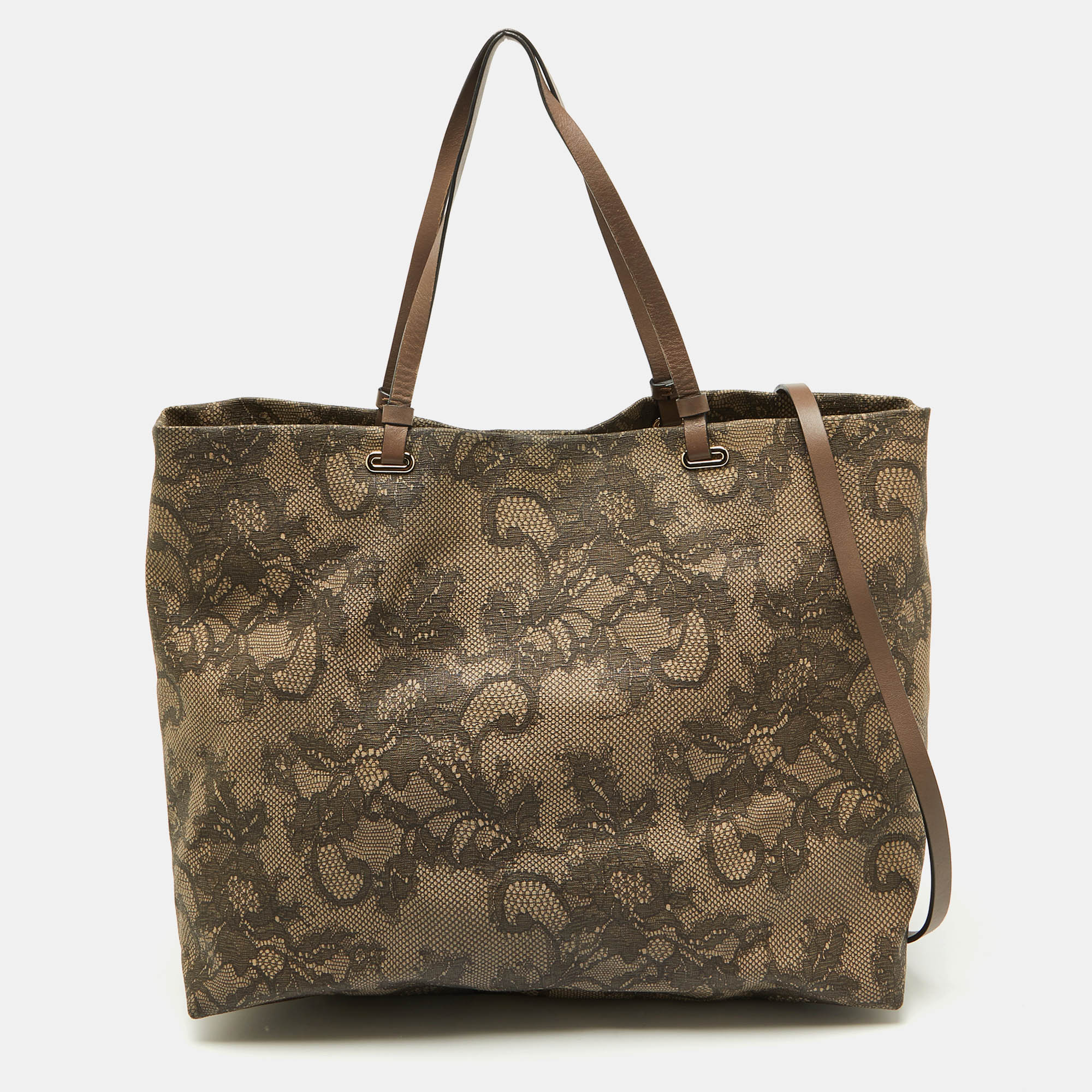 

Valentino Beige Lace Print Coated Canvas Shopper Tote, Brown