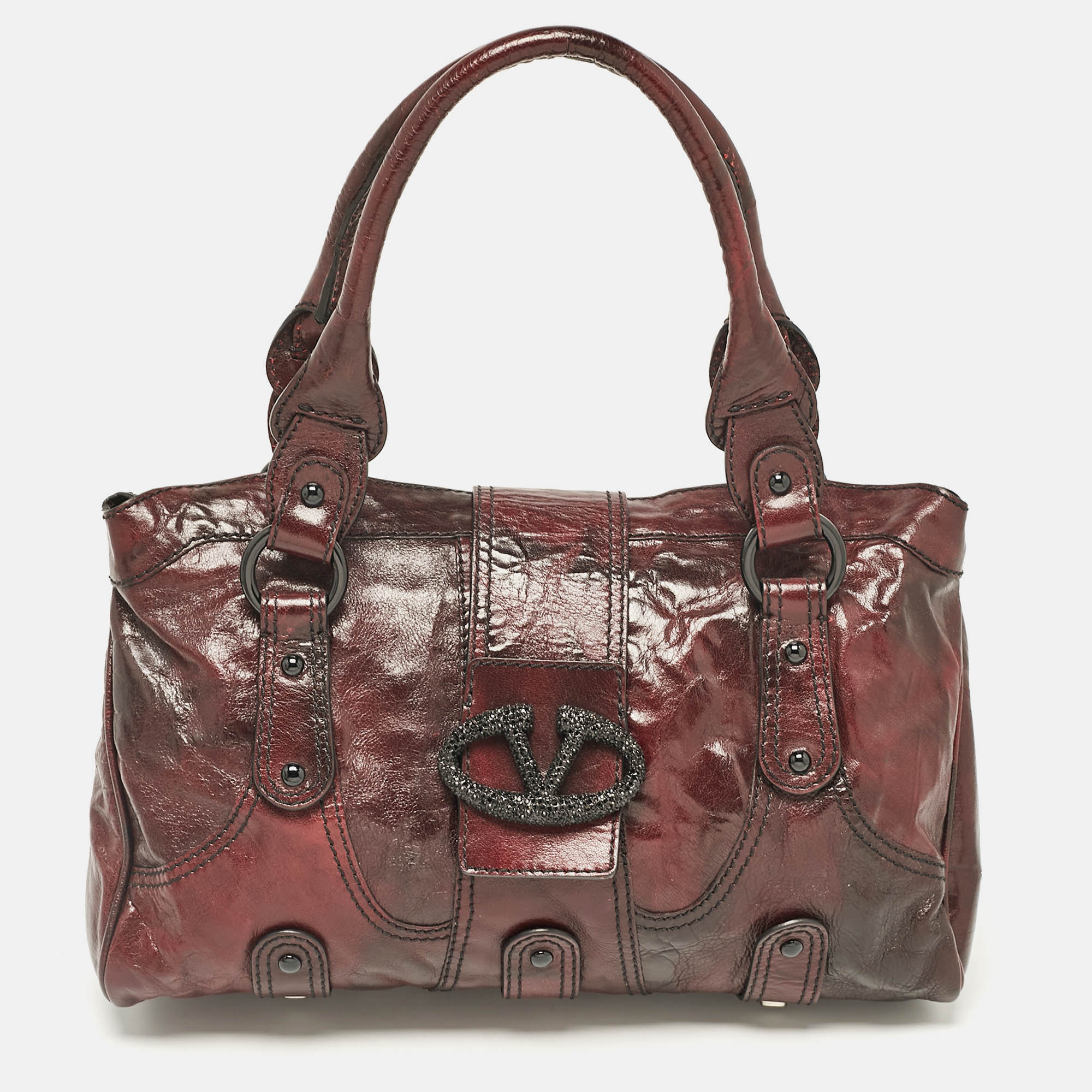 

Valentino Dark Burgundy Leather Crystals Catch Satchel