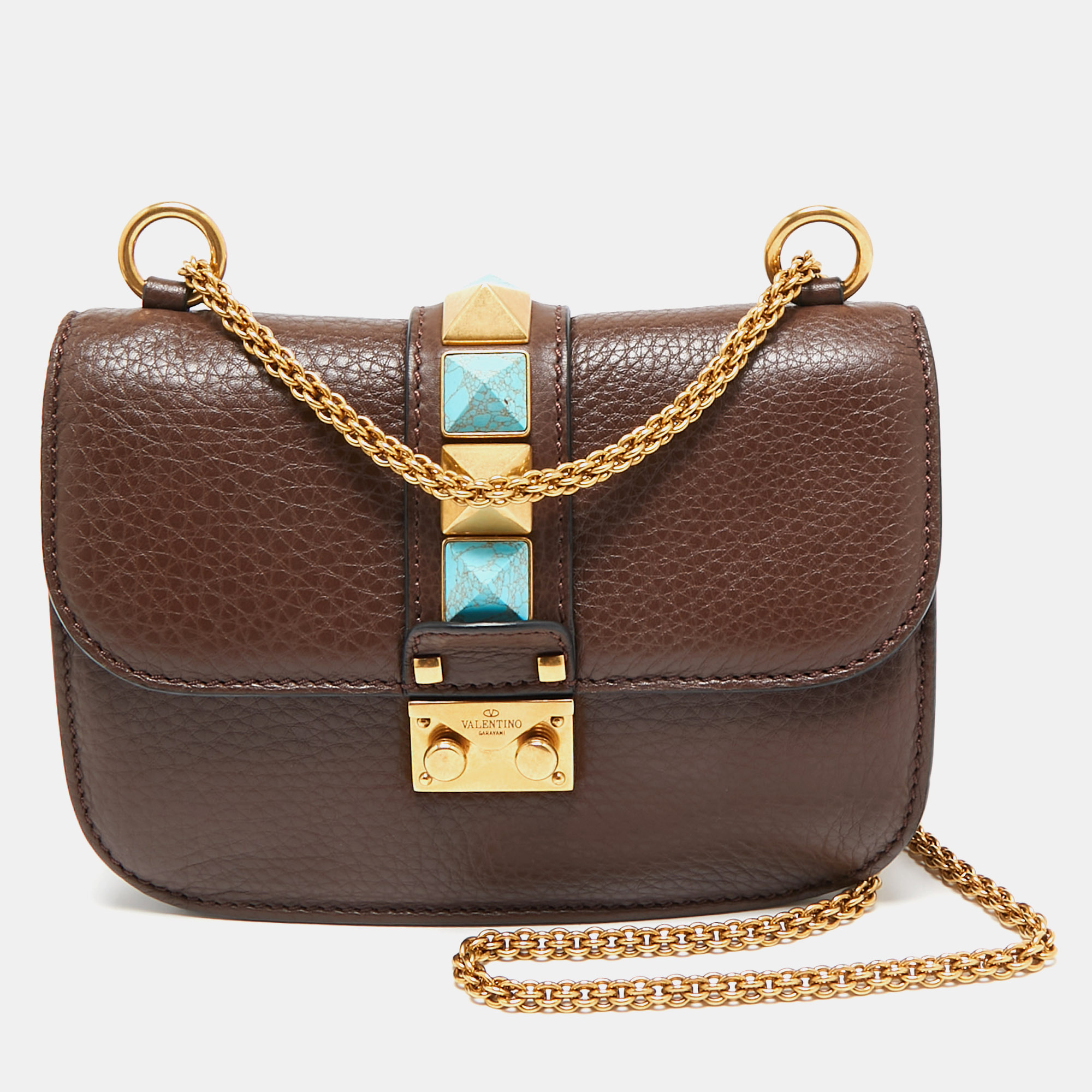 

Valentino Brown Leather Small Rolling Rockstud Glam Lock Flap Bag