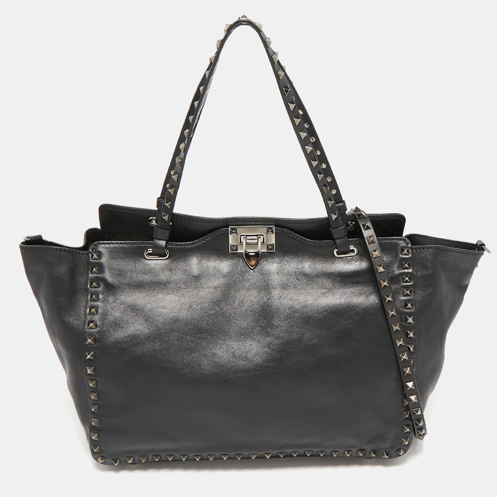 

Valentino Black Leather  Rockstud Trapeze Tote