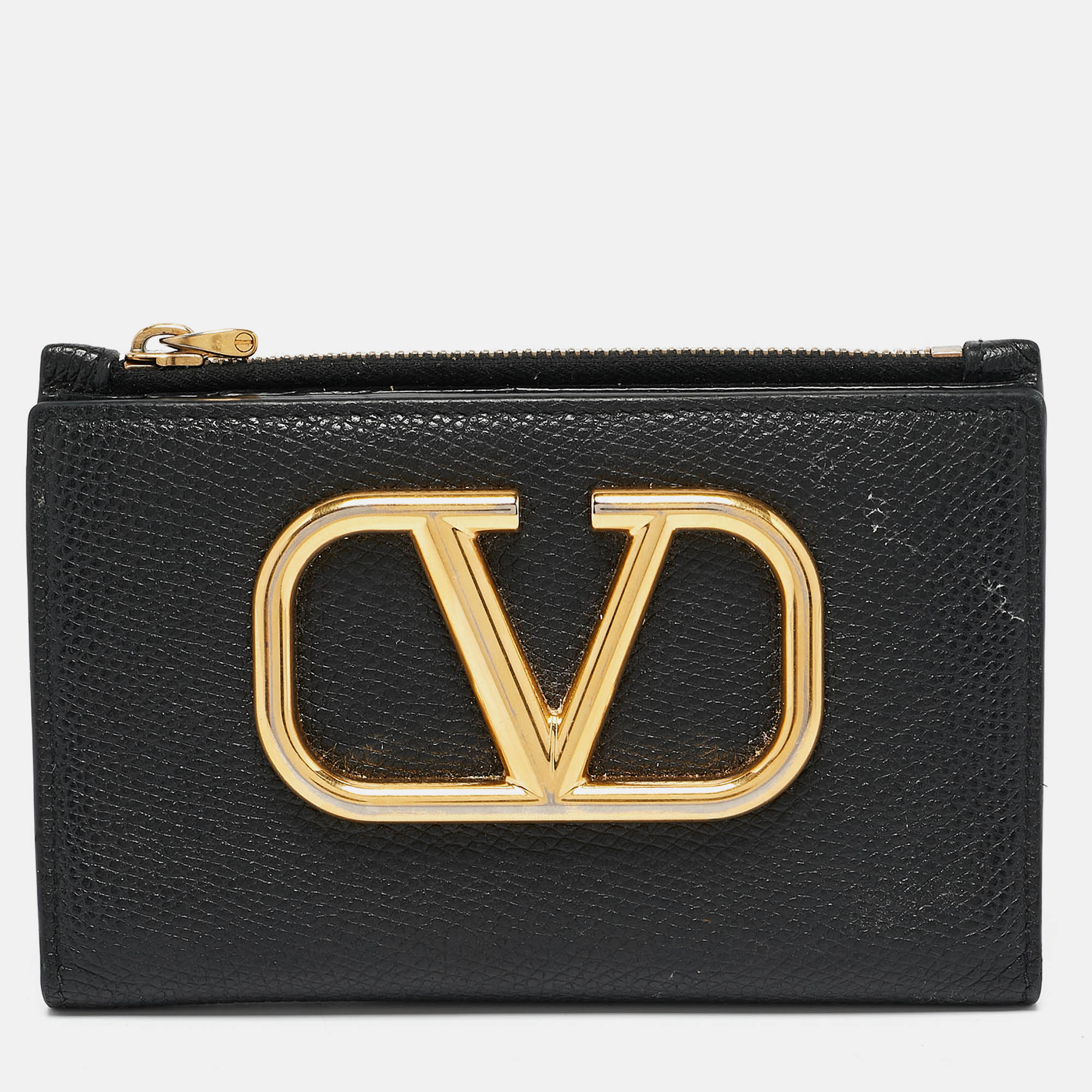 Pre-owned Valentino Garavani Black Leather V-logo Signature Compact Wallet