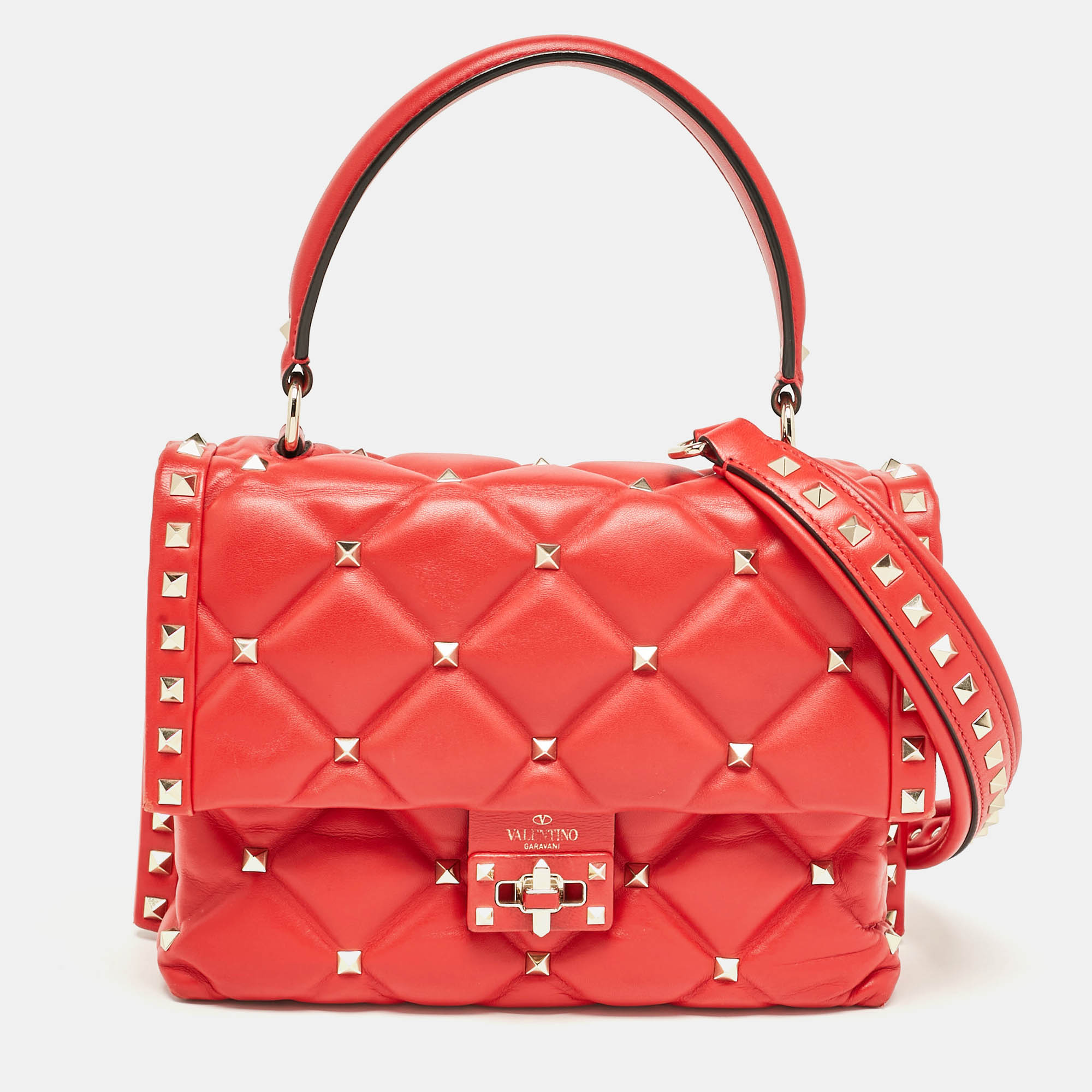 

Valentino Red Quilted Leather  Candystud Top Handle Bag