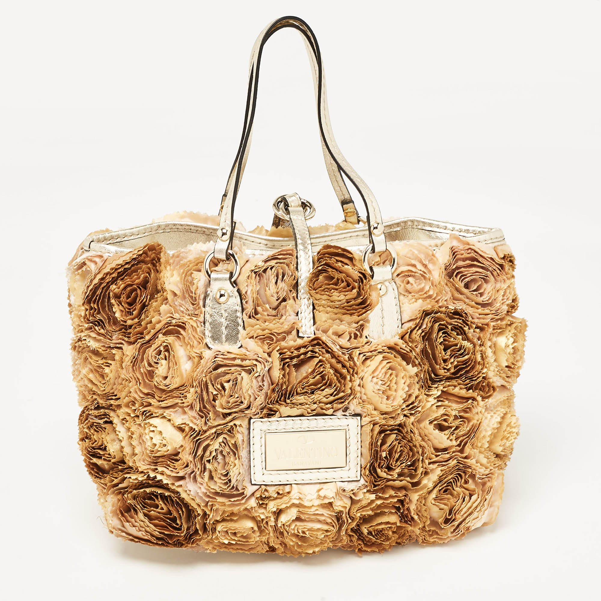 Valentino Multicolor Flower Applique Satin and Leather Tote 
