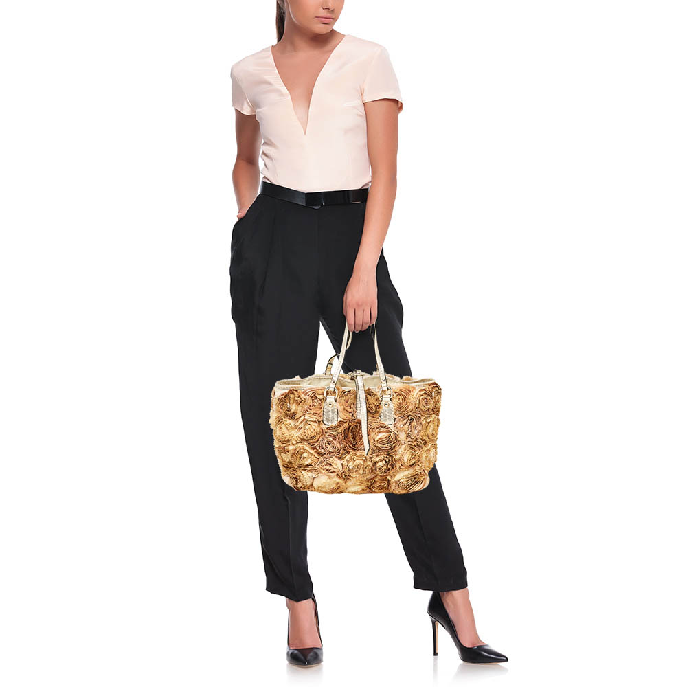 Valentino Multicolor Flower Applique Satin and Leather Tote 