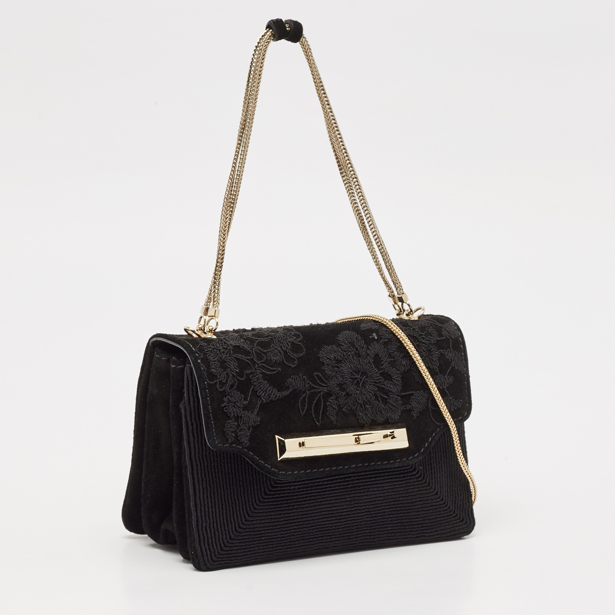 Valentino Black Suede Embroidered Chain Shoulder Bag 