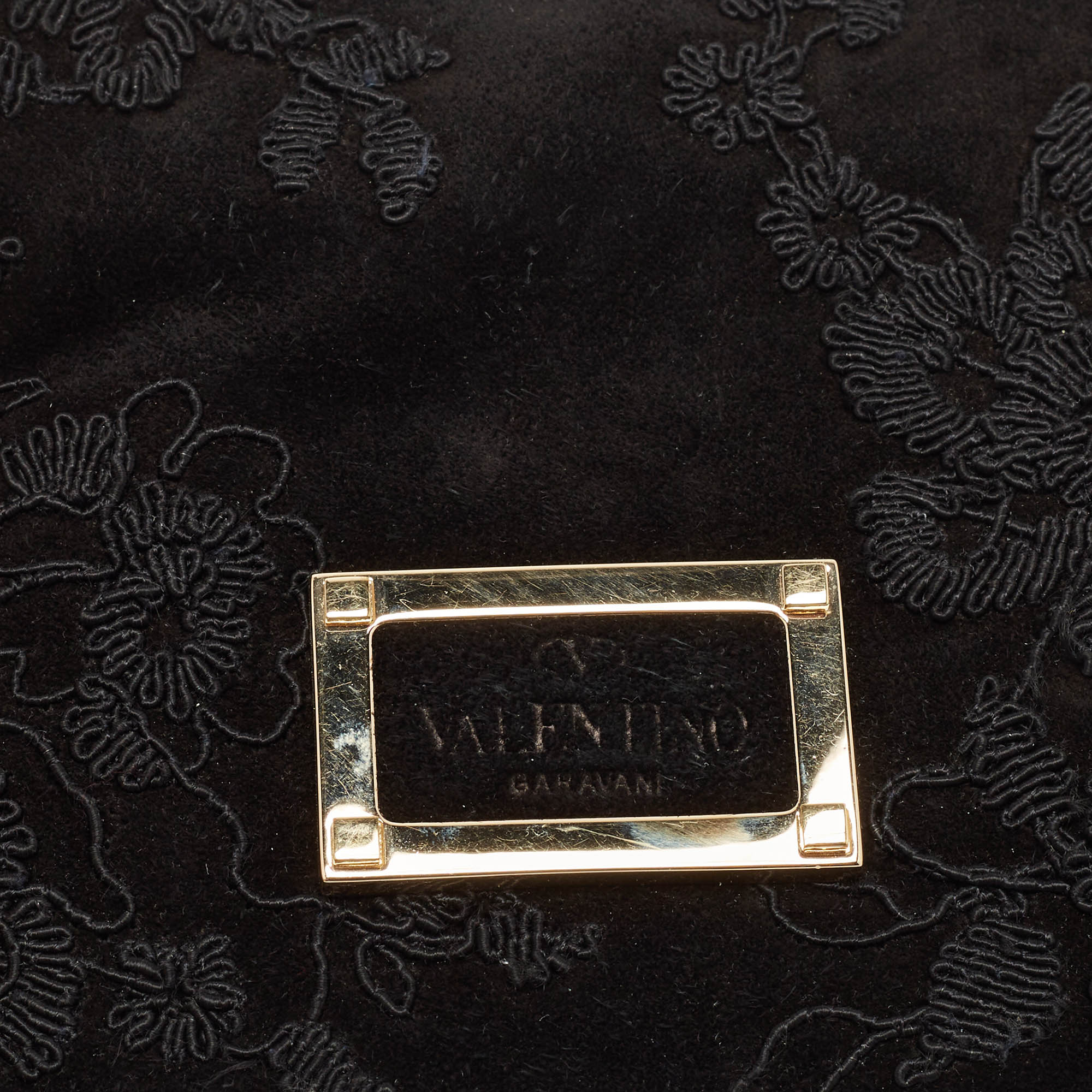 Valentino Black Suede Embroidered Chain Shoulder Bag 