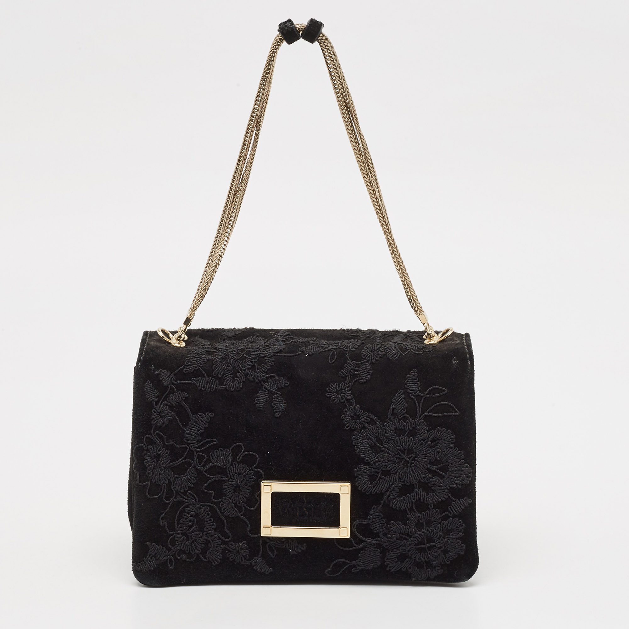 

Valentino Black Suede Embroidered Chain Shoulder Bag