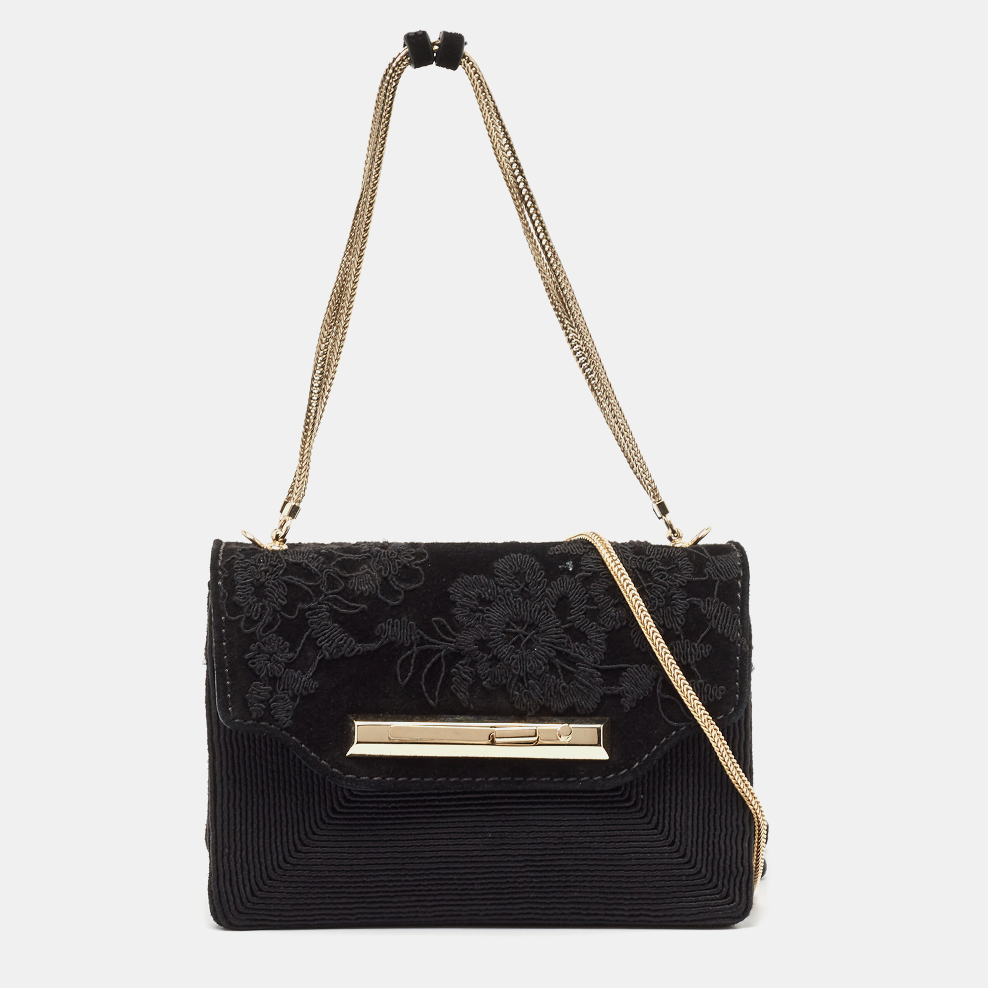 Valentino Black Suede Embroidered Chain Shoulder Bag 
