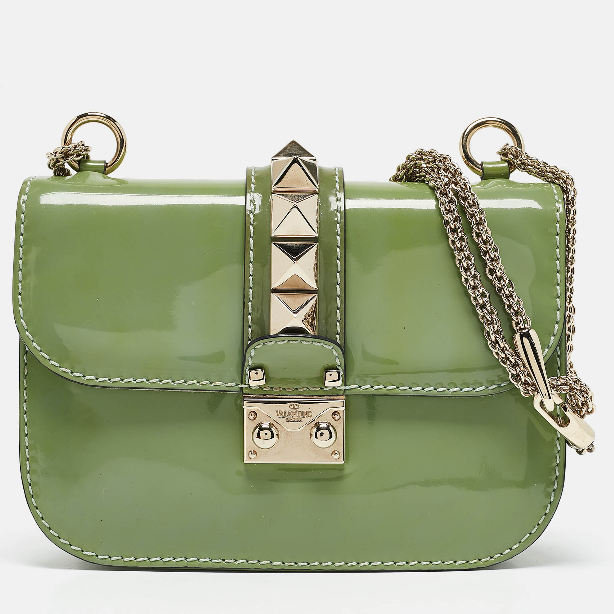 

Valentino Green Patent Leather Small Rockstud Glam Lock Flap Bag