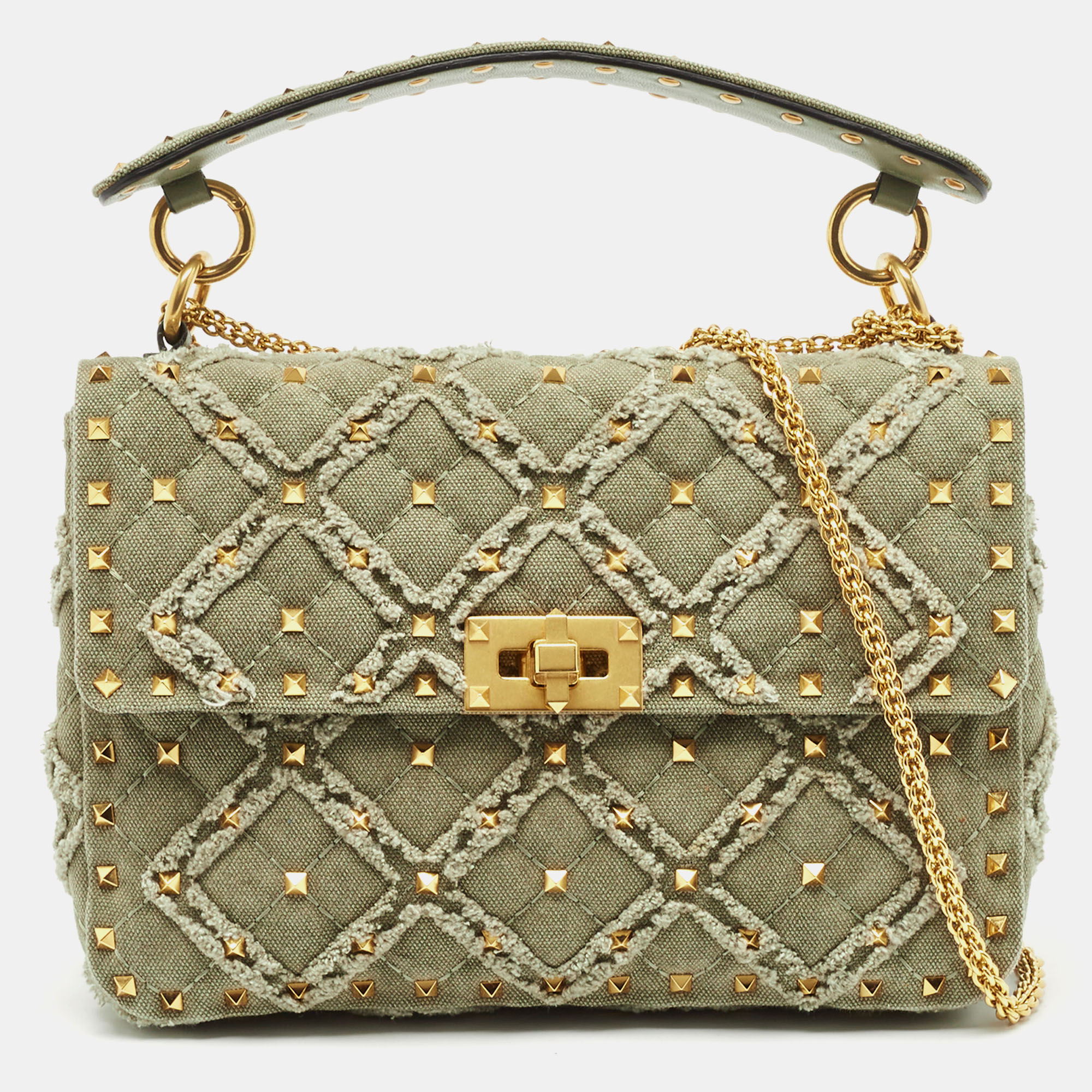 

Valentino Olive Green Quilted Denim Medium Rockstud Spike Top Handle Bag