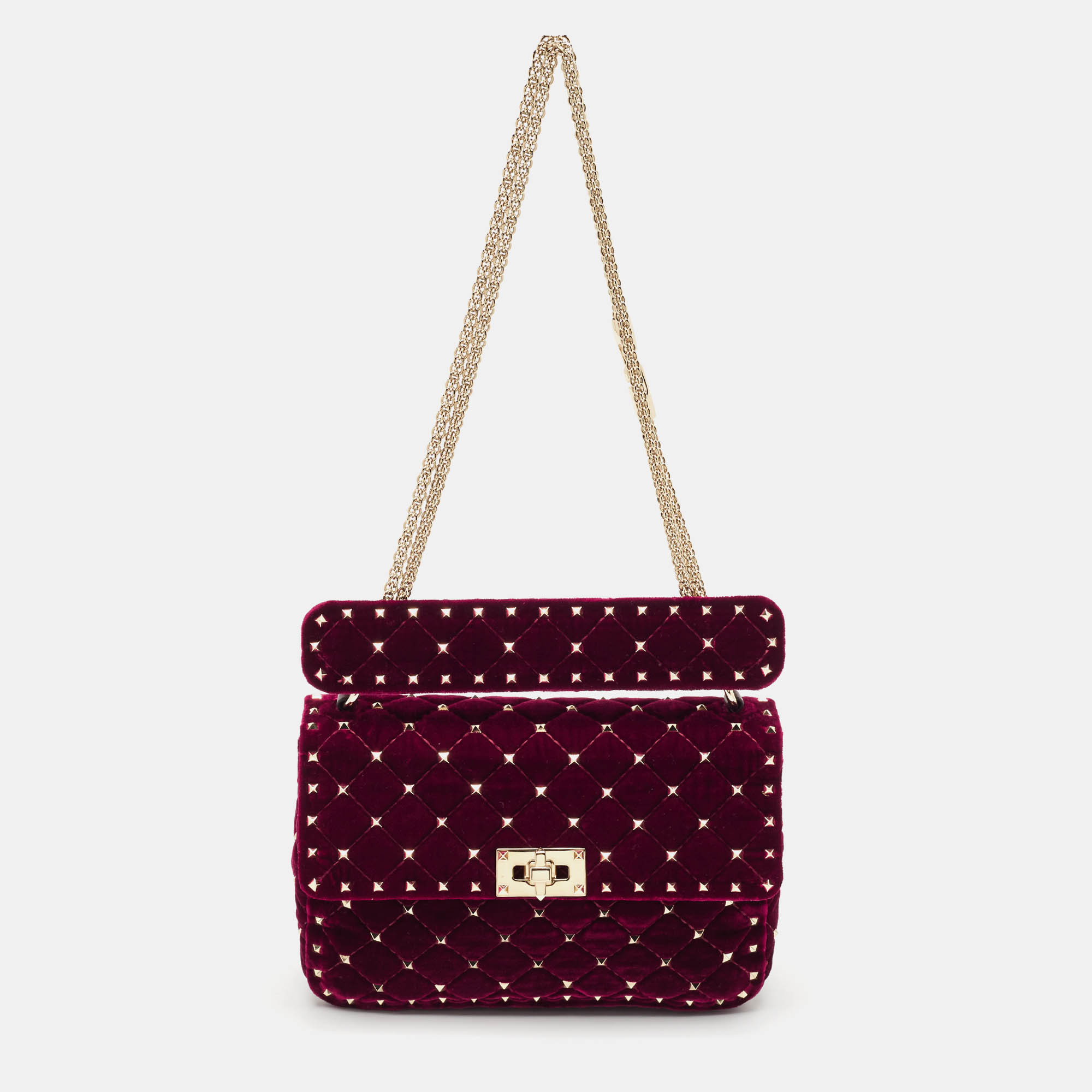 

Valentino Burgundy Quilted Velvet Medium Rockstud Spike Top Handle Bag