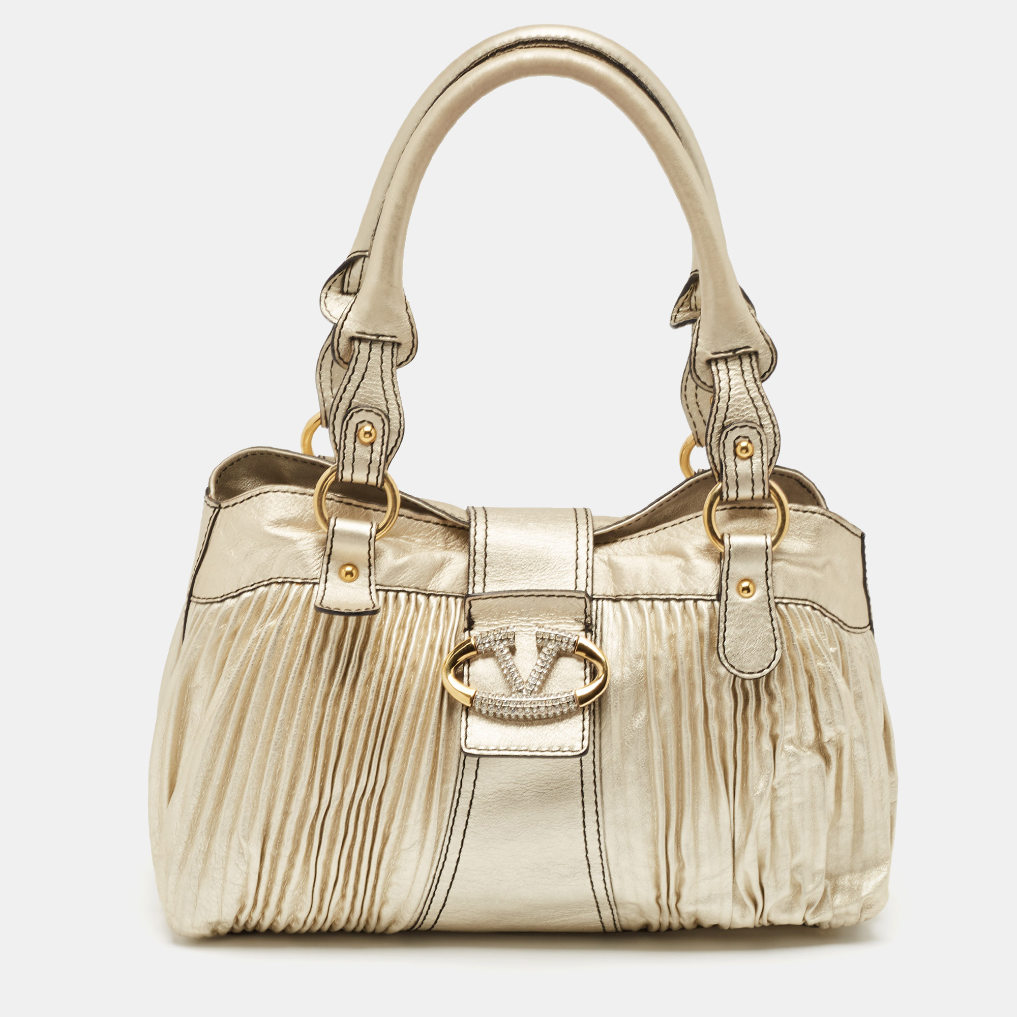 

Valentino Gold Pleated Leather Crystal Catch Satchel