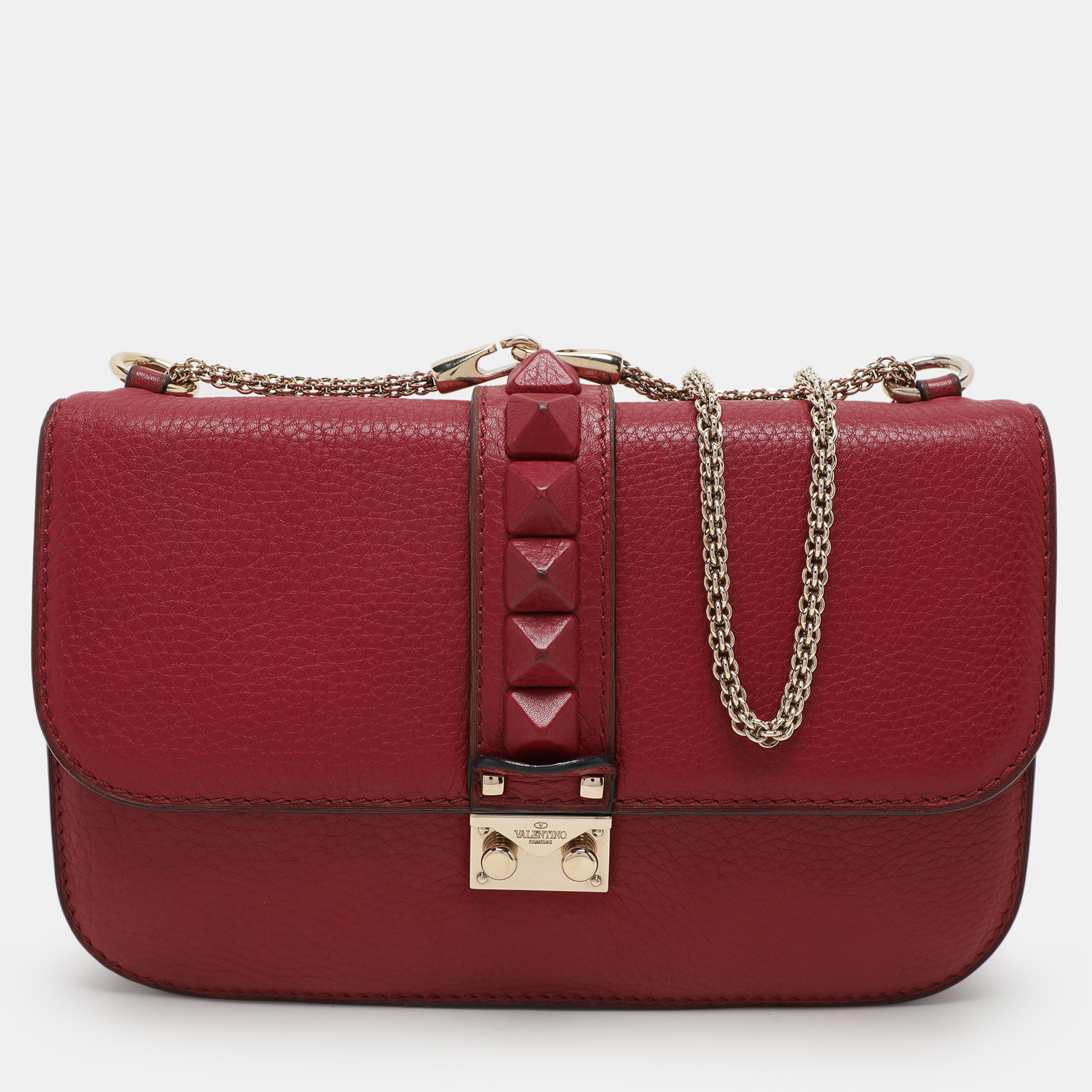 

Valentino Burgundy Leather  Rockstud Glam Lock Flap Bag