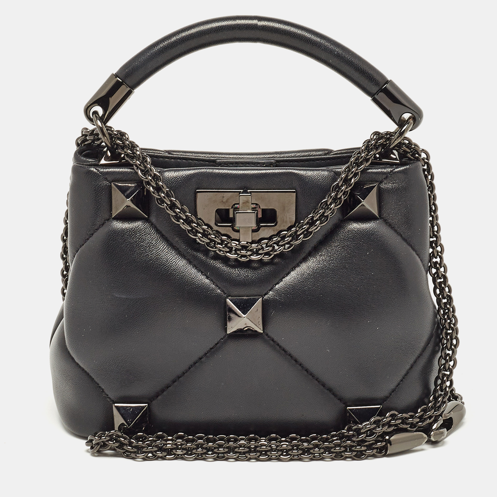 

Valentino Black Quilted Leather Mini Roman Stud Top Handle Bag