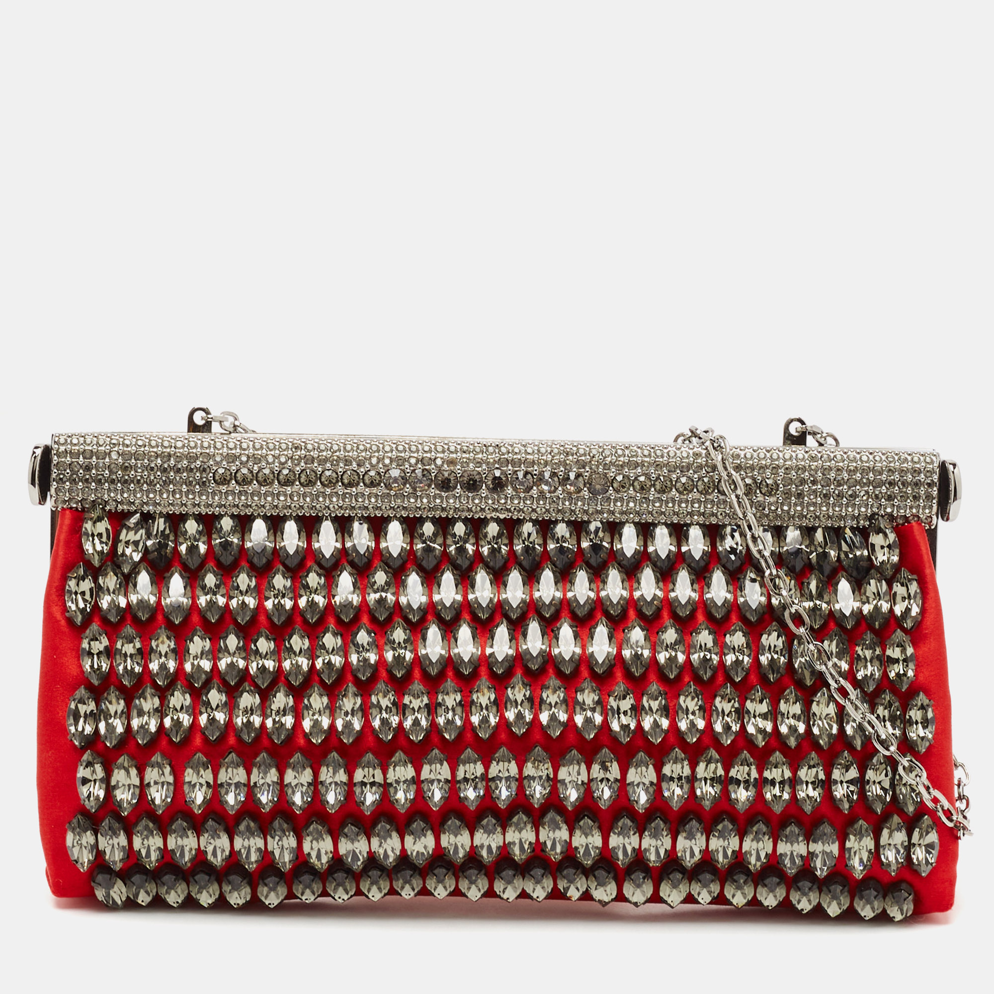 

Valentino Red Satin Crystals Embellished Chain Clutch