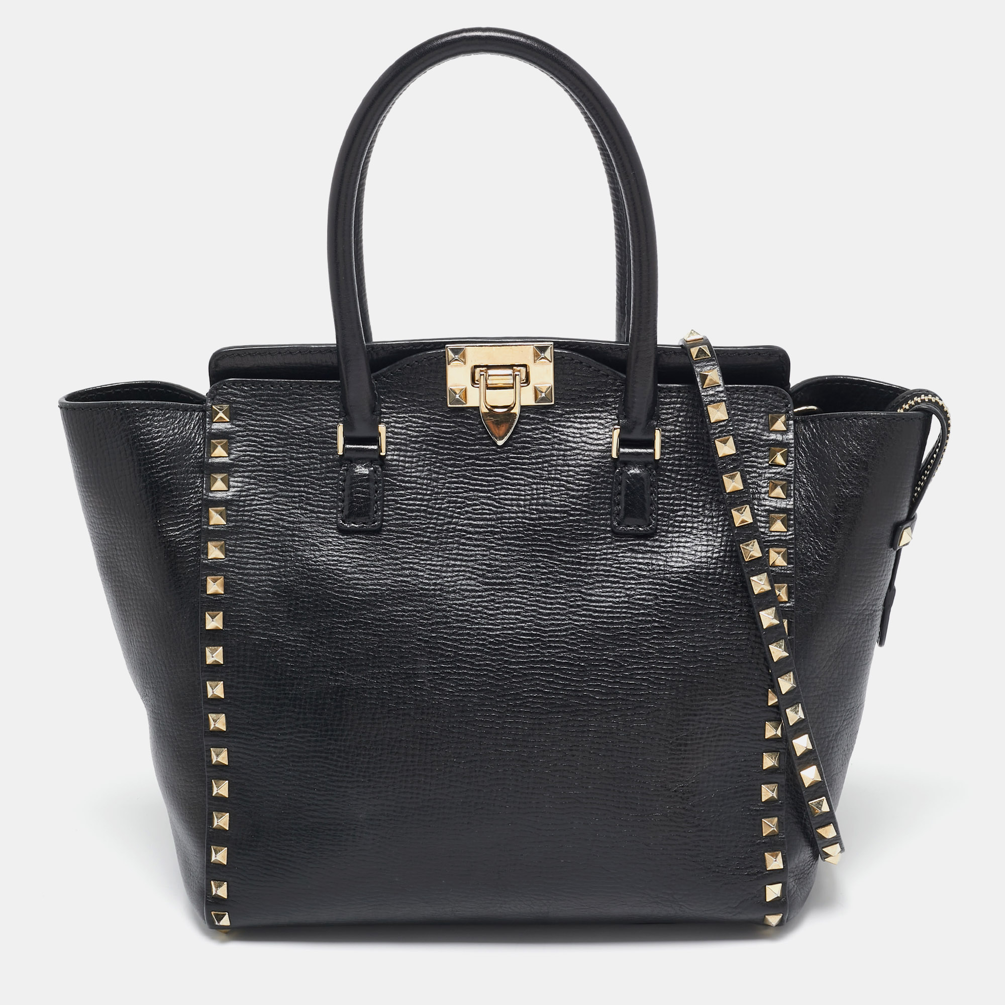 

Valentino Black Leather Rockstud Trapeze Tote