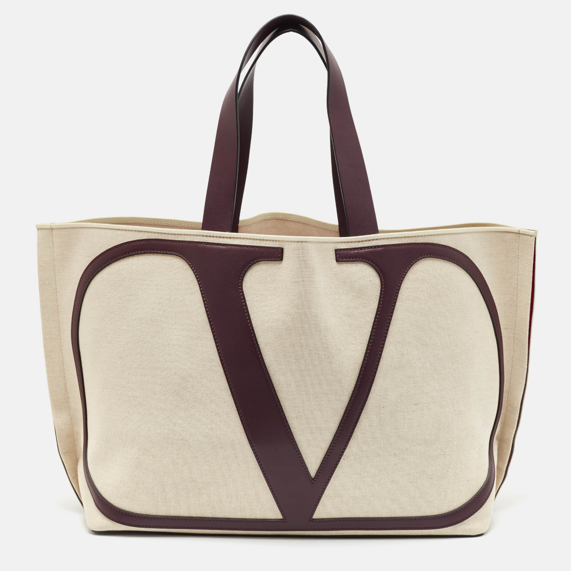 

Valentino Burgundy/Beige Canvas and Leather Escape V logo Tote