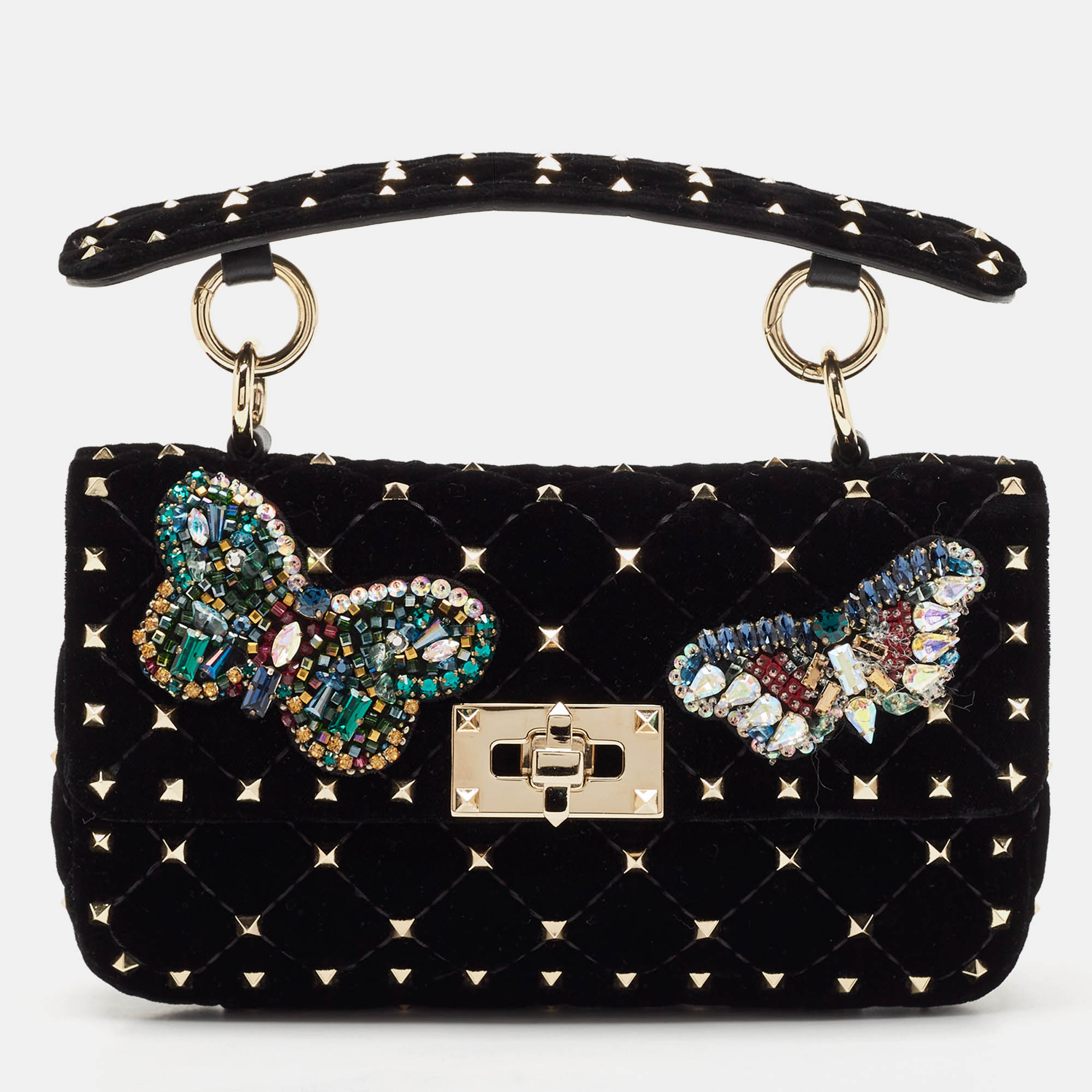 

Valentino Black Quilted Velvet Small Butterfly Rockstud Spike Top Handle Bag