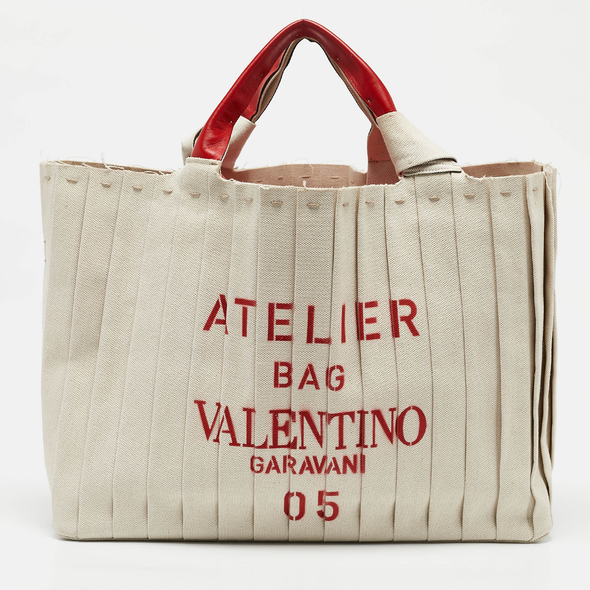 

Valentino Red/Natural Canvas  Plisse Edition Atelier 05 Tote