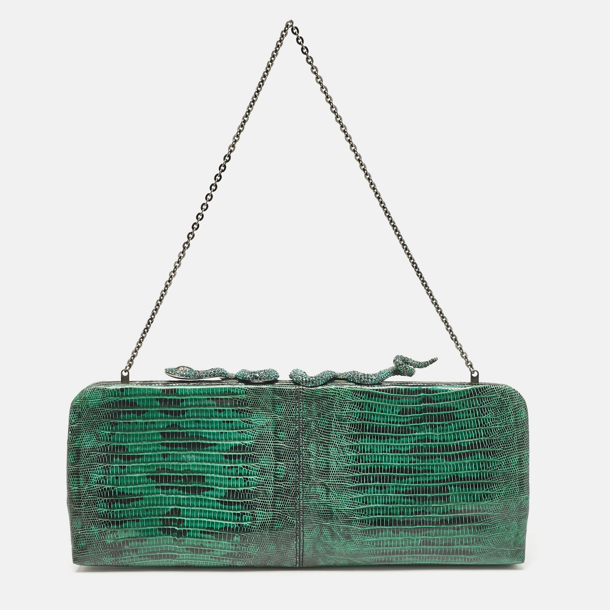 

Valentino Green/Black Lizard Leather Snake Crystals Chain Clutch