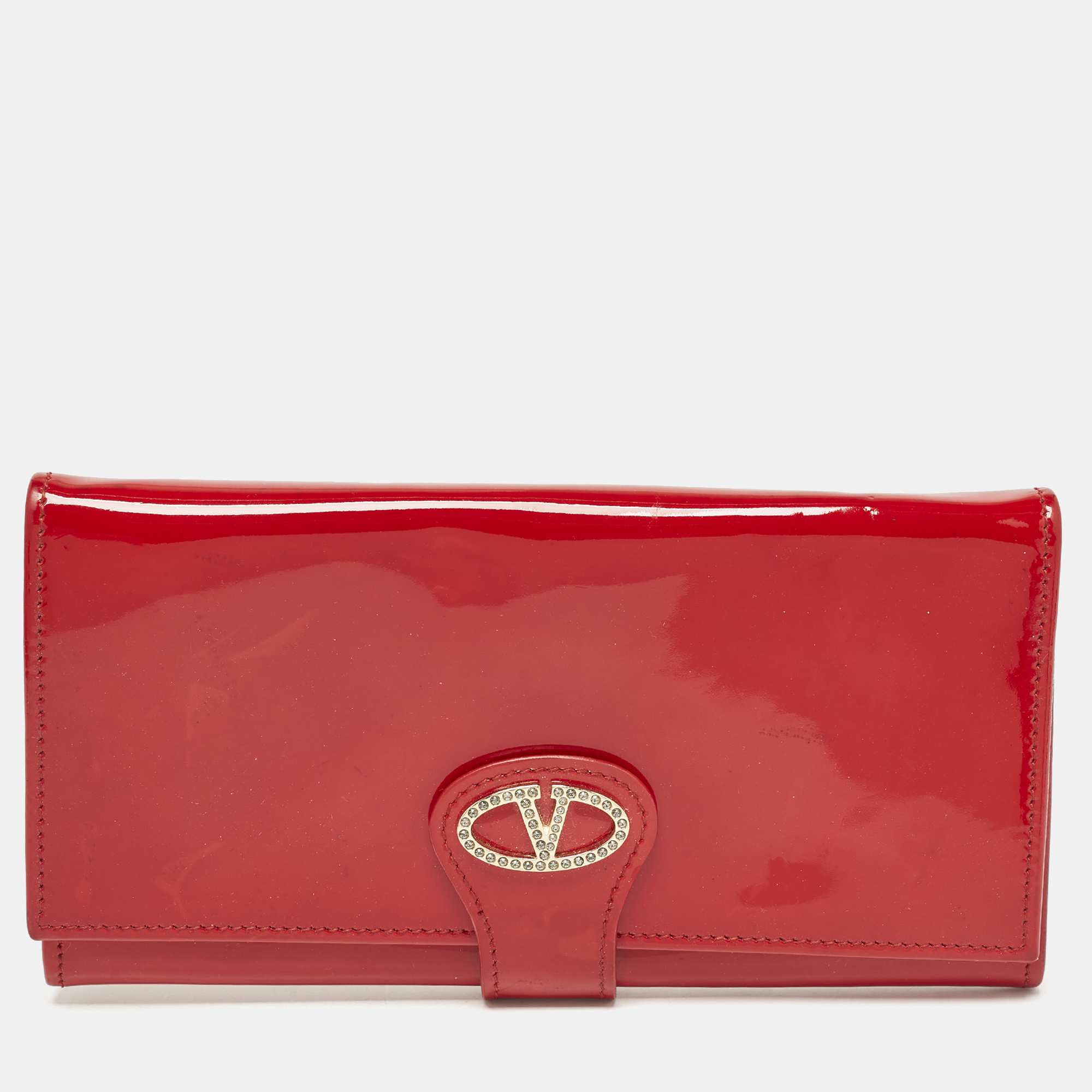 

Valentino Red Patent Leather Crystals Catch Flap Continental Wallet