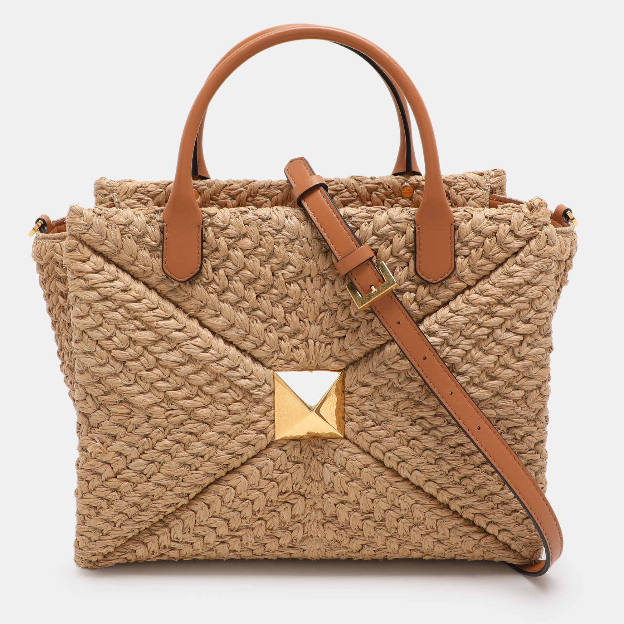 

Valentino Beige/Brown Leather and Raffia Medium One Stud Tote